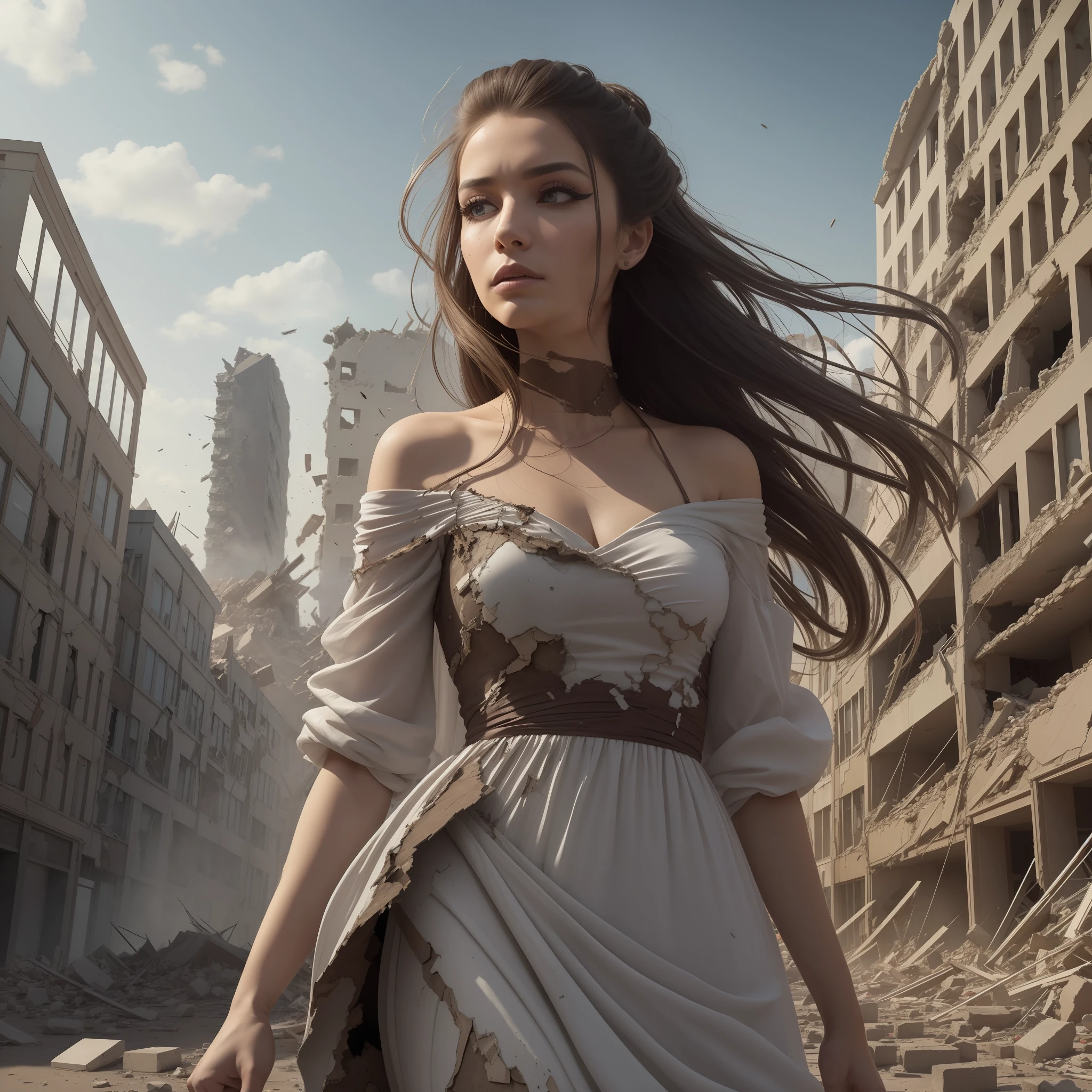 Outfit: A flowing dress with cracked patterns in shades of brown and gray, symbolizing shattered earth. Props: Holding a crumbling piece of architecture, like a broken column or a fallen pillar. Makeup: Minimal makeup with a touch of dust-like texture, representing the aftermath of destruction. Hairstyle: Loose, flowing hair, mirroring the chaos and movement caused by the earthquake. Expression: Stoic and resolute, with a hint of sadness. Background Design: A cityscape with collapsed buildings, rubble, and cracks running through the ground