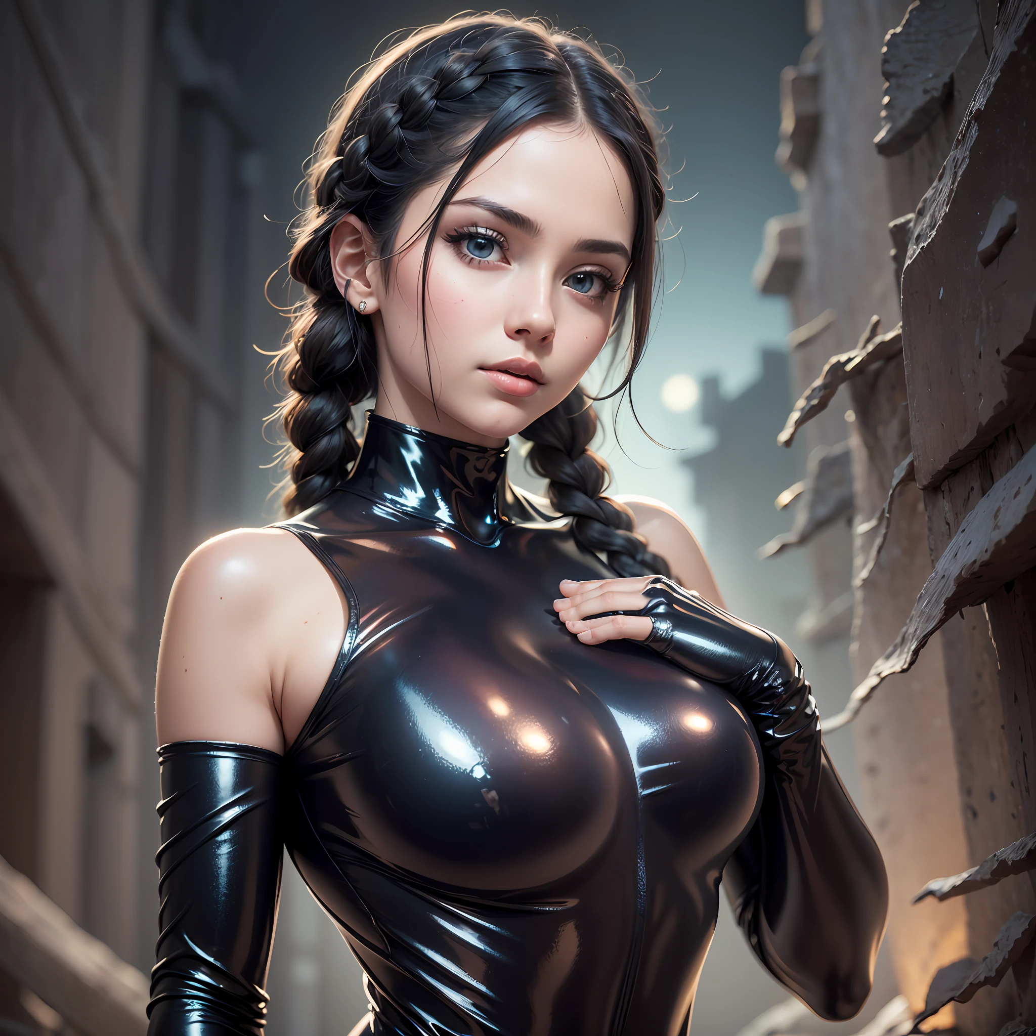 (Masterpiece, Best Quality, Hi-Res: 1.4), Detail, Intricate Detail, 4K, Professional Lighting, Black Hair Girl with Braids, Black Shiny Bodysuit, White Skin, Night Graveyard, Blue Eyes,