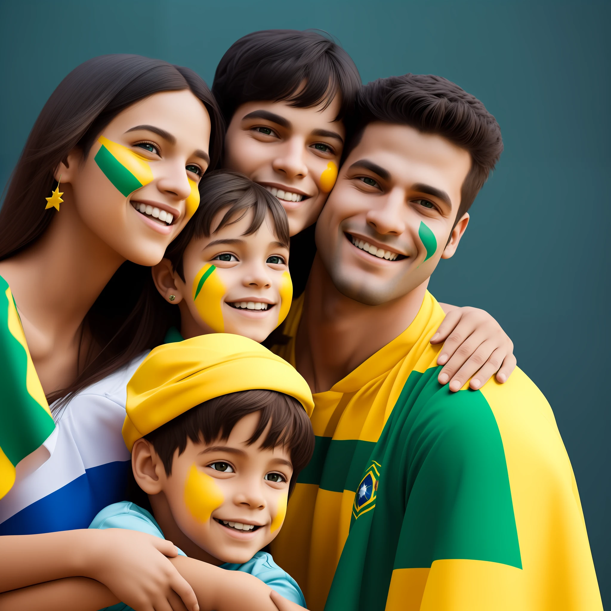 Scene of father and mother together with a child smiling with his face painted green and yellow with a flag of Brazil, representing family and freedom, ((((ultra detailed))), 8k, (((high quality))), realistic