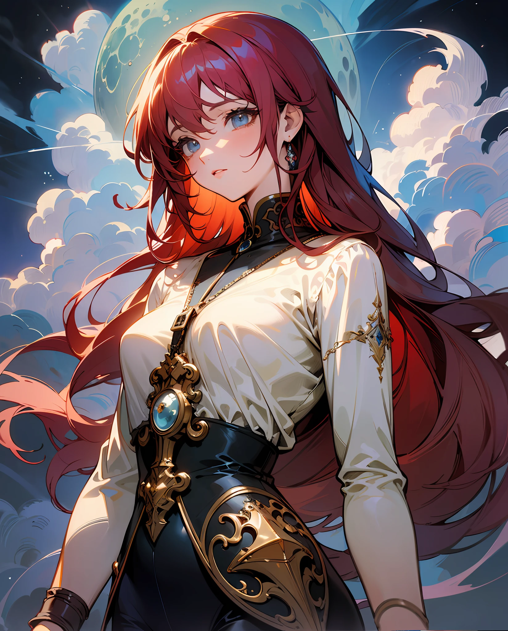 ((best quality)), ((masterpiece)), (detailed) red hair, ethereal beauty, (fantasy illustration: 1.3), enchanting gaze, captivating pose, fabulous and gorgeous white shirt and black pants suit, charm of other world, mystical sky, (Luis Royo:1.2), (Yoshitaka Amano:1.1), moonlit night, soft colors, (detailed clouds:1.3), (high resolution:1.2) --auto --s2