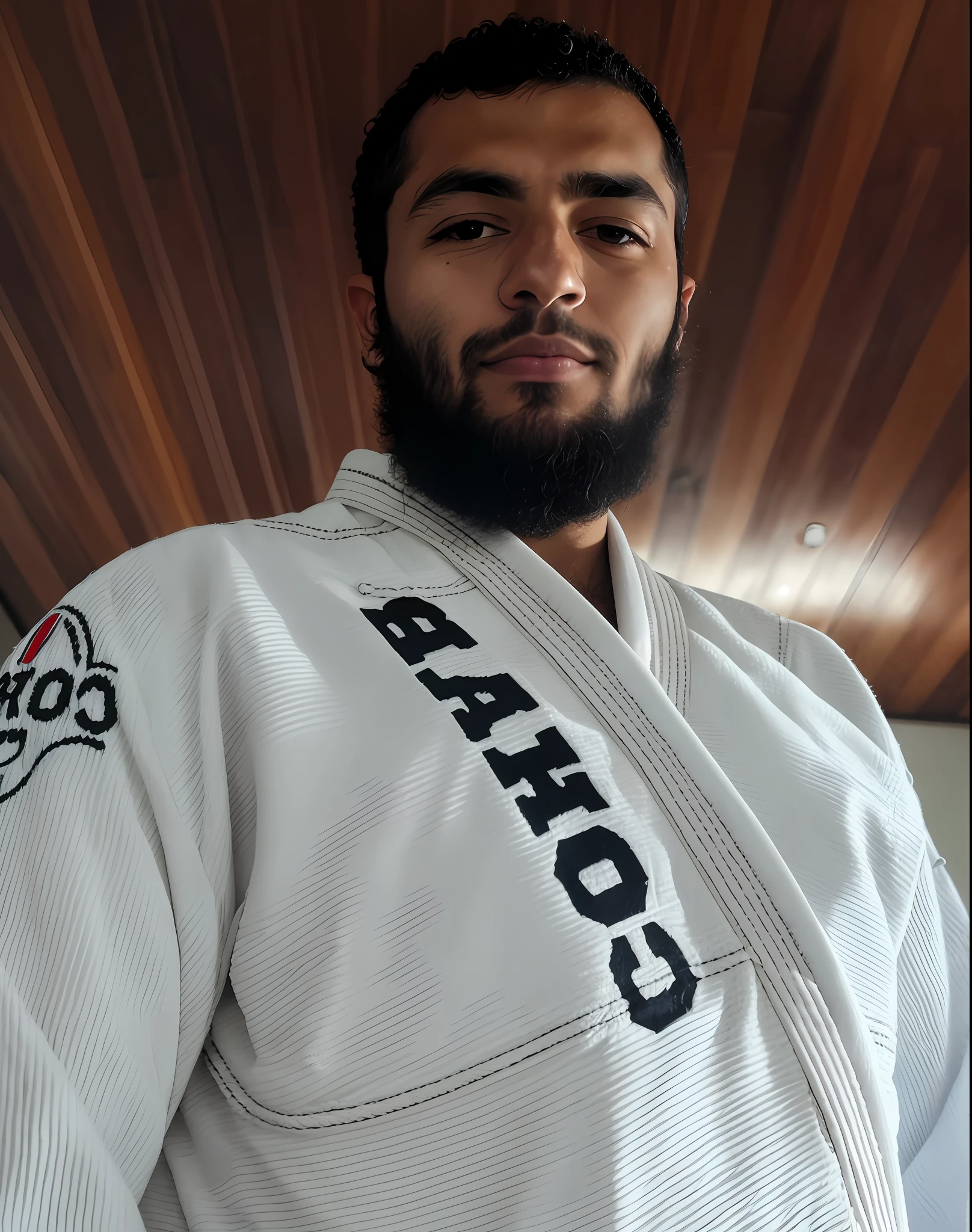 arafed man in a white giraffe suit standing in a room, wearing a white gi, caio santos, mohamed chahin, icaro carvalho, mohamed chahin style, white belt, riyahd cassiem, wearing a grey robe, close - up portrait shot, mid shot portrait, robe. perfect face, posing ready for a fight