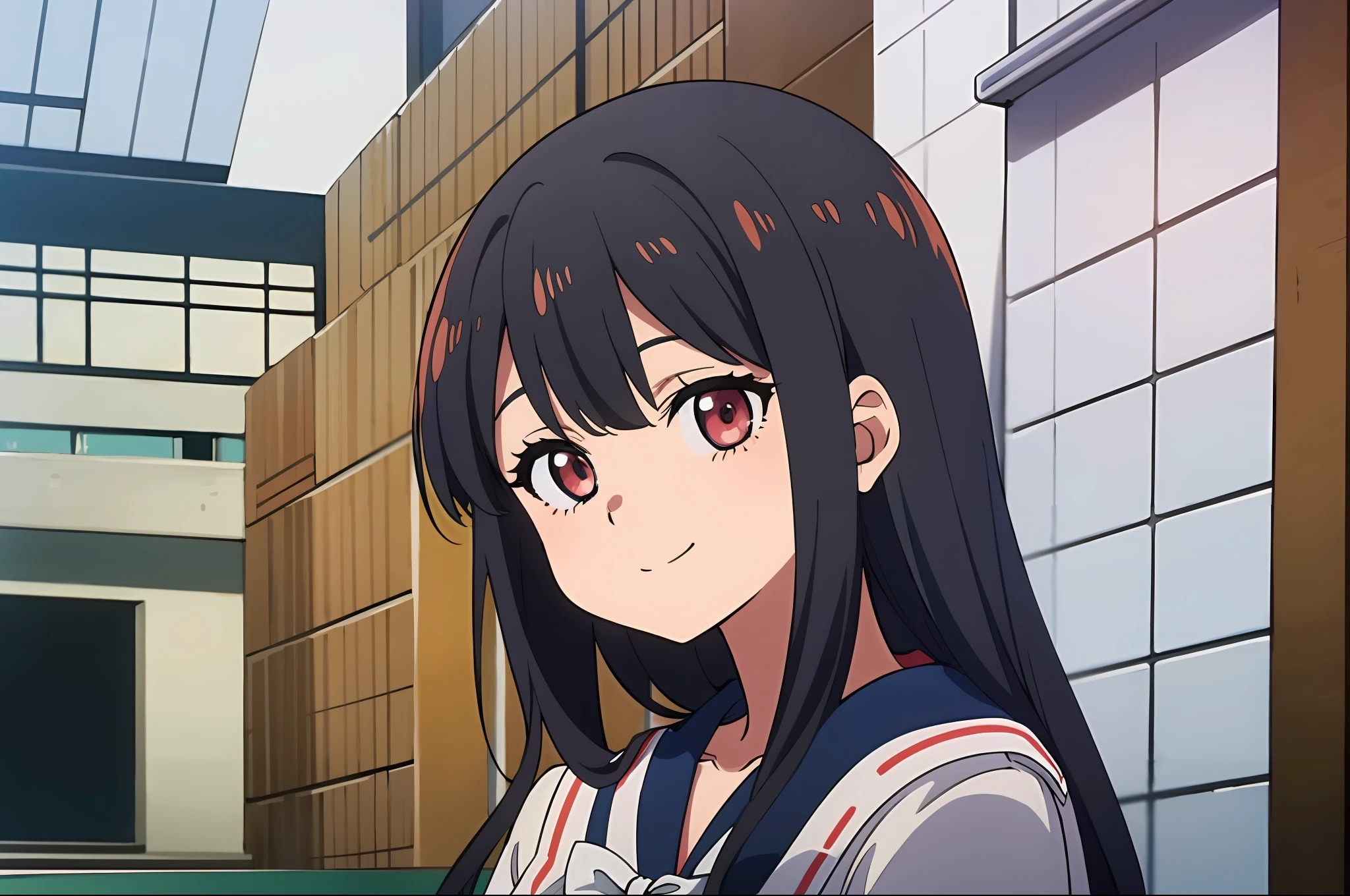 anime style, flat colors, cute artstyle, smooth outlines, kawaii, looking at viewer, anime episode, anime series, anime scene, anime clip, anime episode screenshot, anime series art style, japanese high school girl, high school girl outfit, sailor collar, smiling, 1girl, solo, white background