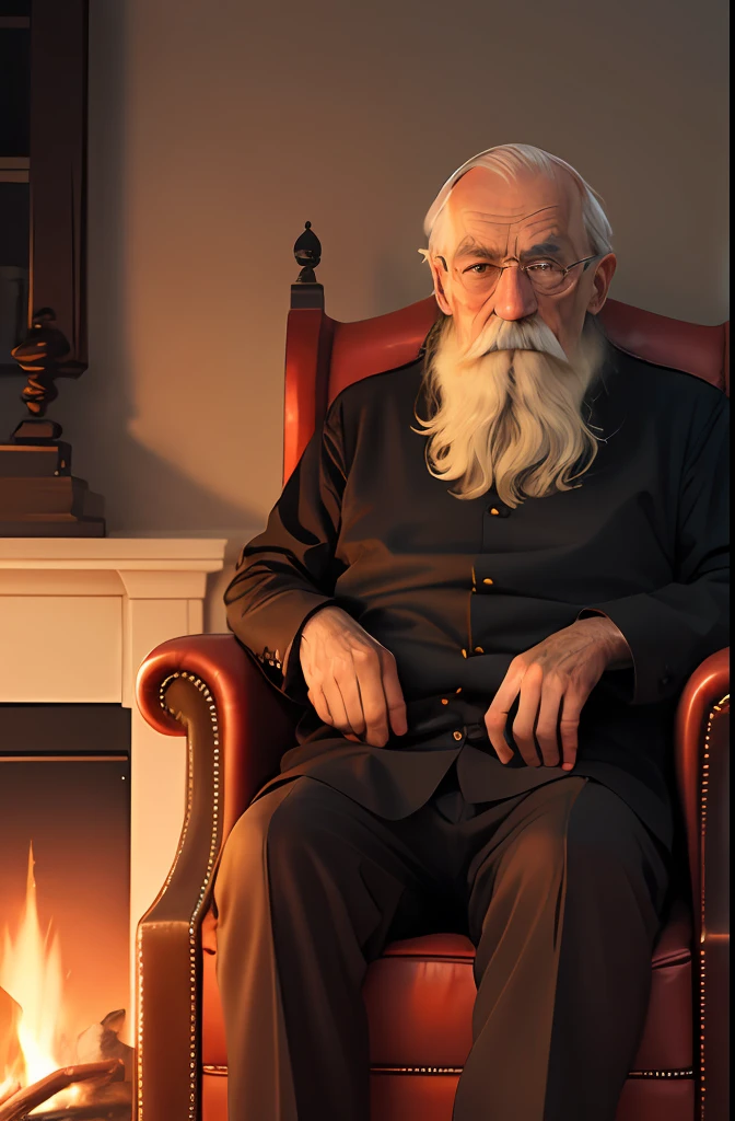 Creepy old man with mustache sitting in an armchair, and behind a fireplace