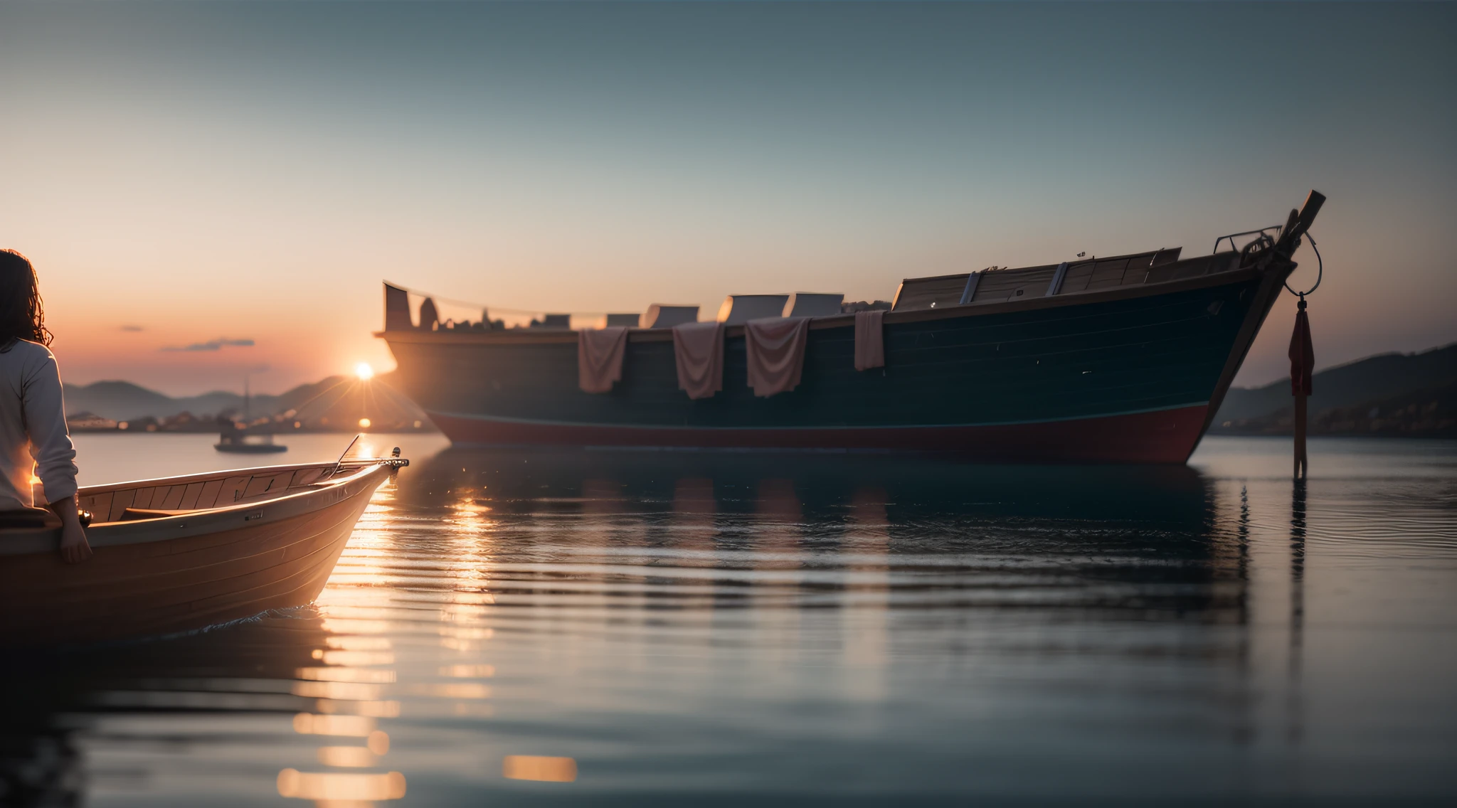 Jesus Christ, inside a boat, wonderful view, Realism, Hyperrealism, cinematic lighting, backlighting, Canon, panorama, UHD, super detail, high details, 16k