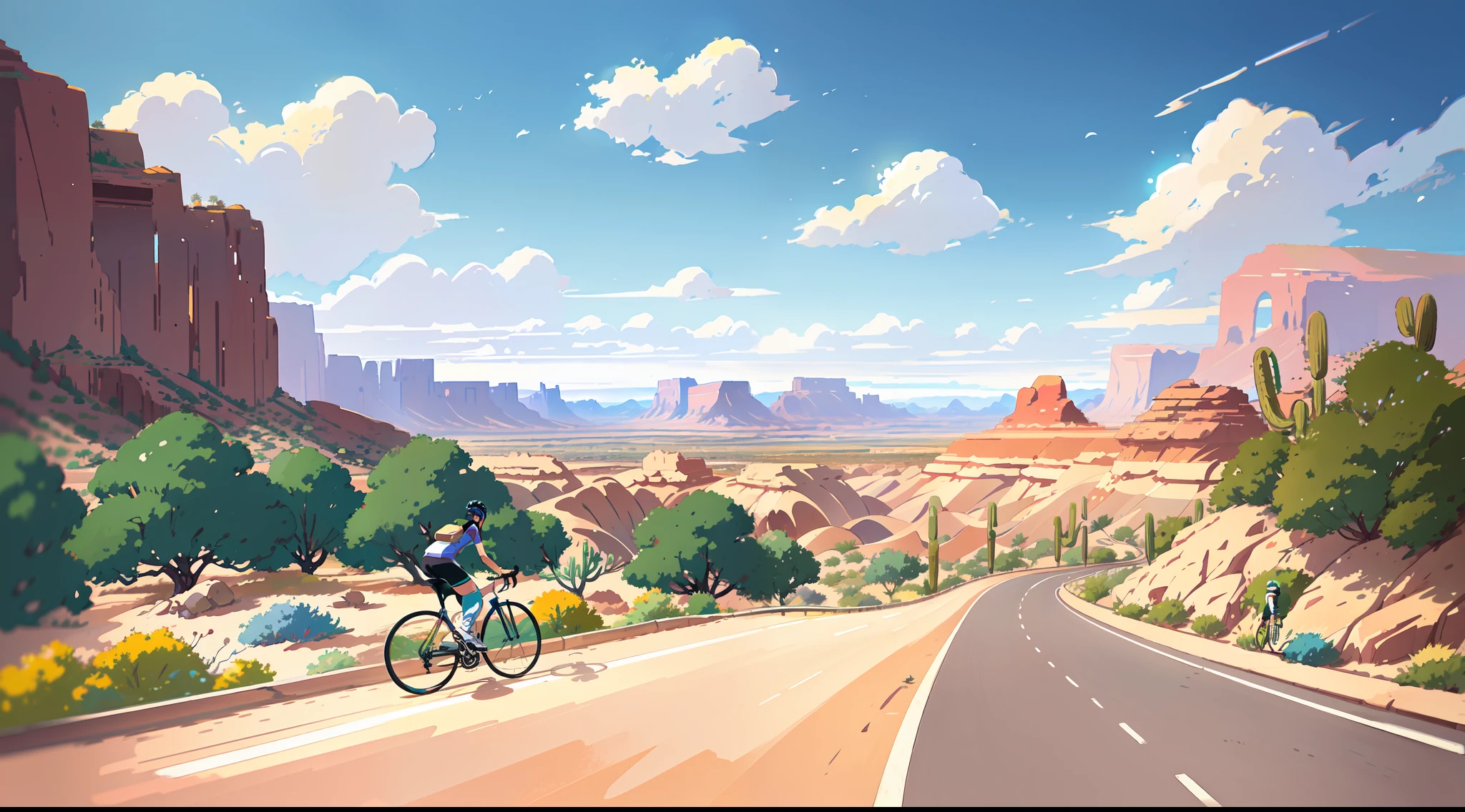 (bike: 1.5), (realistic bike: 1.5), (realistic cyclist: 1.5), back cyclist, arizona, canyon, united states, desert, sun, shadows, contrast, makoto shinkai, (Best quality: 1.3), (Highres:1), Art by Studio Ghibli Style, Impressionism, Vibrant colors