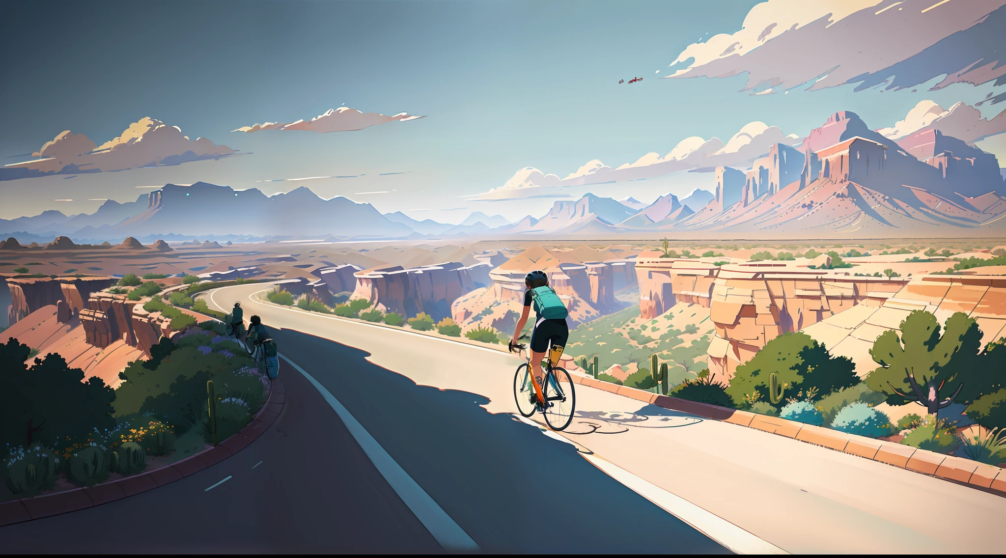 (bike: 1.5), (realistic bike: 1.5), (realistic cyclist: 1.5), back cyclist, arizona, canyon, united states, desert, sun, shadows, contrast, makoto shinkai, (Best quality: 1.3), (Highres:1), Art by Studio Ghibli Style, Impressionism, Vibrant colors