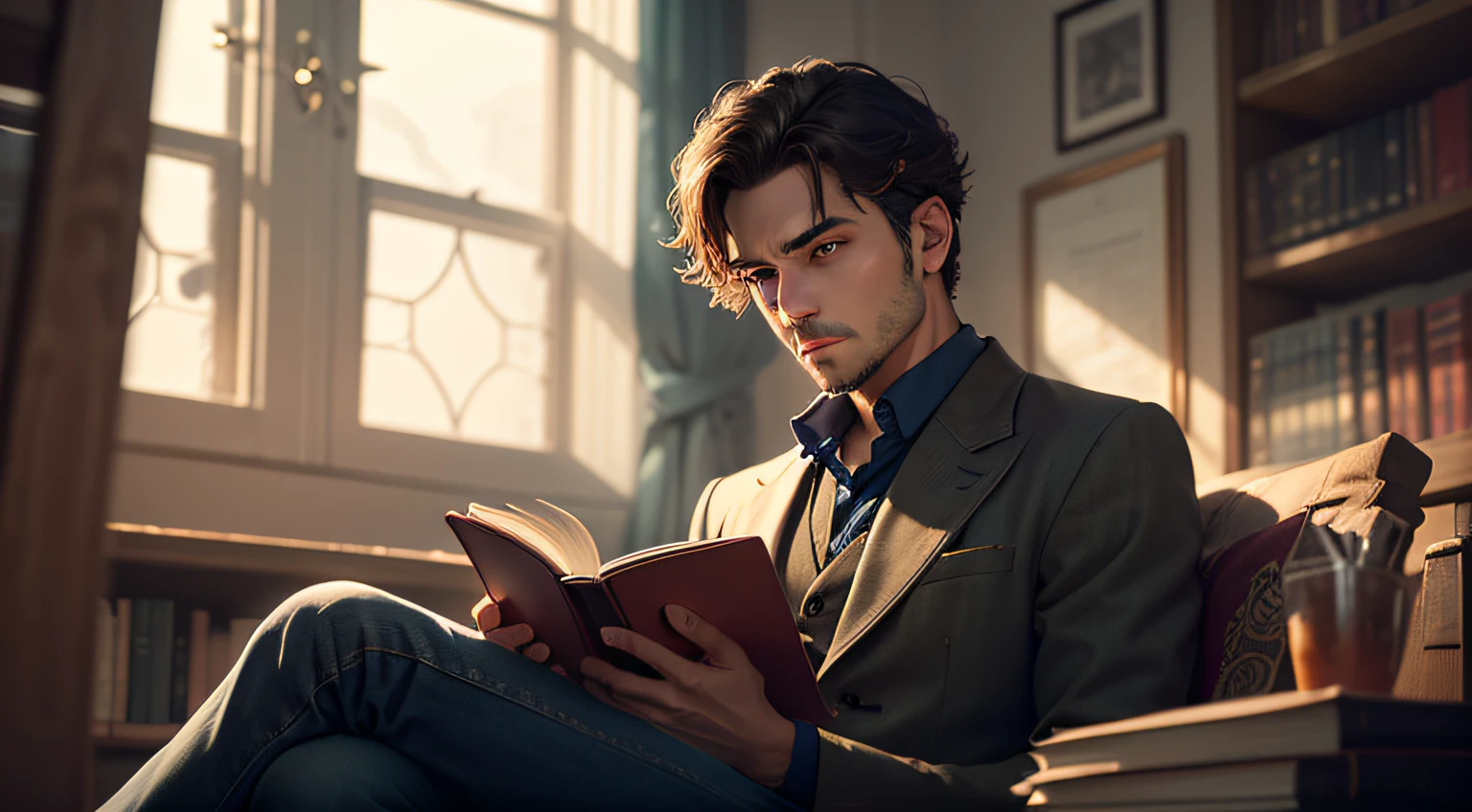 A man engrossed in a book, his eyes captivated by the pages, completely immersed in a world of knowledge and imagination. --auto