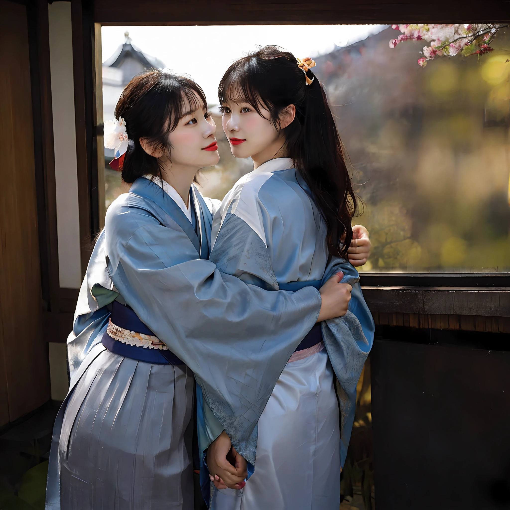 Couple of homosexual young women making love to each other, holding hands, erotic relationship, Japan traditional thin kimono and translucent kimono, there is a young beautiful slender girl looking out the window, she is wearing a traditional Japan kimono and is beautiful, best quality, real, photorealistic, best quality, masterpiece, very delicate and beautiful, very detailed, Fine Detail, Ultra Detail, High Definition, High Definition, Ultra Detail, Top Quality, Ultra High Definition, High Quality Texture, Slender, Underwear Showing Through Inside Kimono