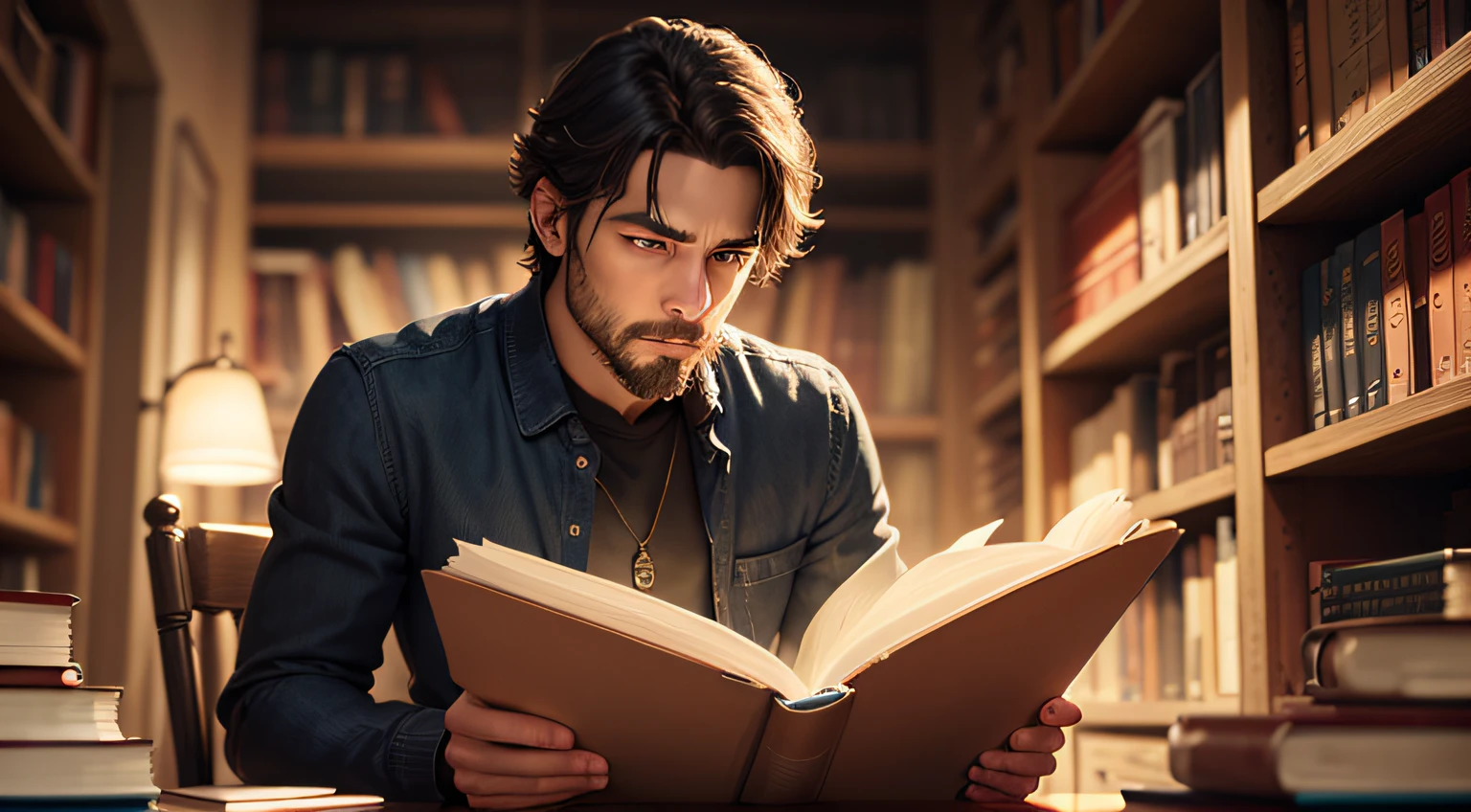 A man engrossed in a book, his eyes captivated by the pages, completely immersed in a world of knowledge and imagination. --auto