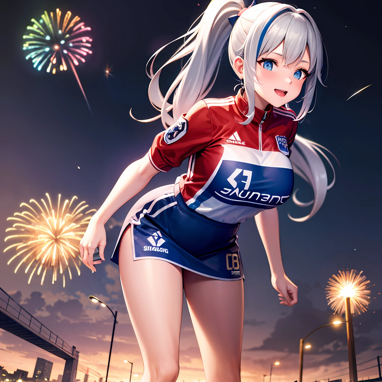 Gts ,Rampage,GtsGiga,star shaped pupils,huge boobs,multicolored eyes, yellow and blue eyes,long hai, sliver hair,Argentina soccer jersey,long ponytail,bomber jacket,jacket on shoulders,tan skin,towering over clouds,nighttime, fireworks show,Argentina,side locks,frilly skirt,muscular,tomboy,sports outfit,standing over Puente de la Mujer,bridge