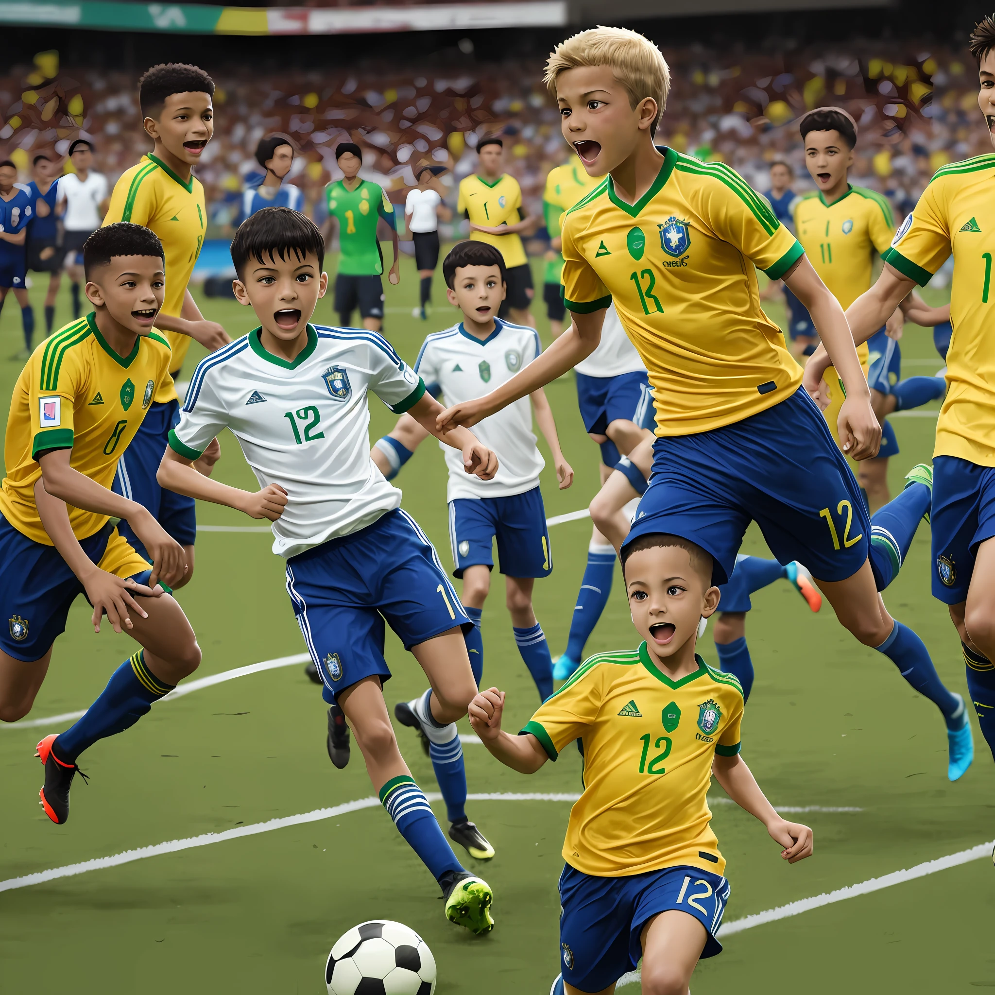 Boy, , Brazil shirt, playing soccer, crowd in the background, everyone happy, manga style --auto