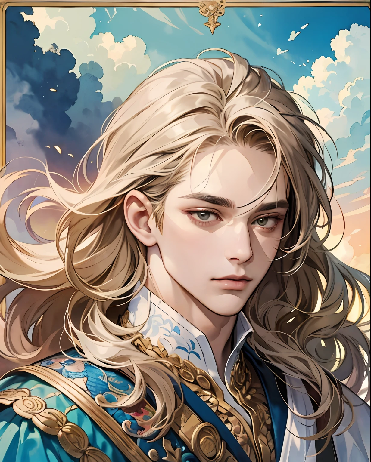 (extremely delicate and beautiful, watercolor (average), official art, beautiful and aesthetic:1.2), (fractal art: 1,3), 8k,(masterpiece:1.0),(best_quality:1.0), 1 man, man, complex details, enlarged textures, complex details, finely detailed eyes and detailed face, intricate details, man with golden and wild hair, royal appearance, royal clothes, (closed mouth), perfect eyes, equal eyes, elegant and noble, magical aura, liquid, cloud, colorful, scales, delicate, (god) majestic expression, man