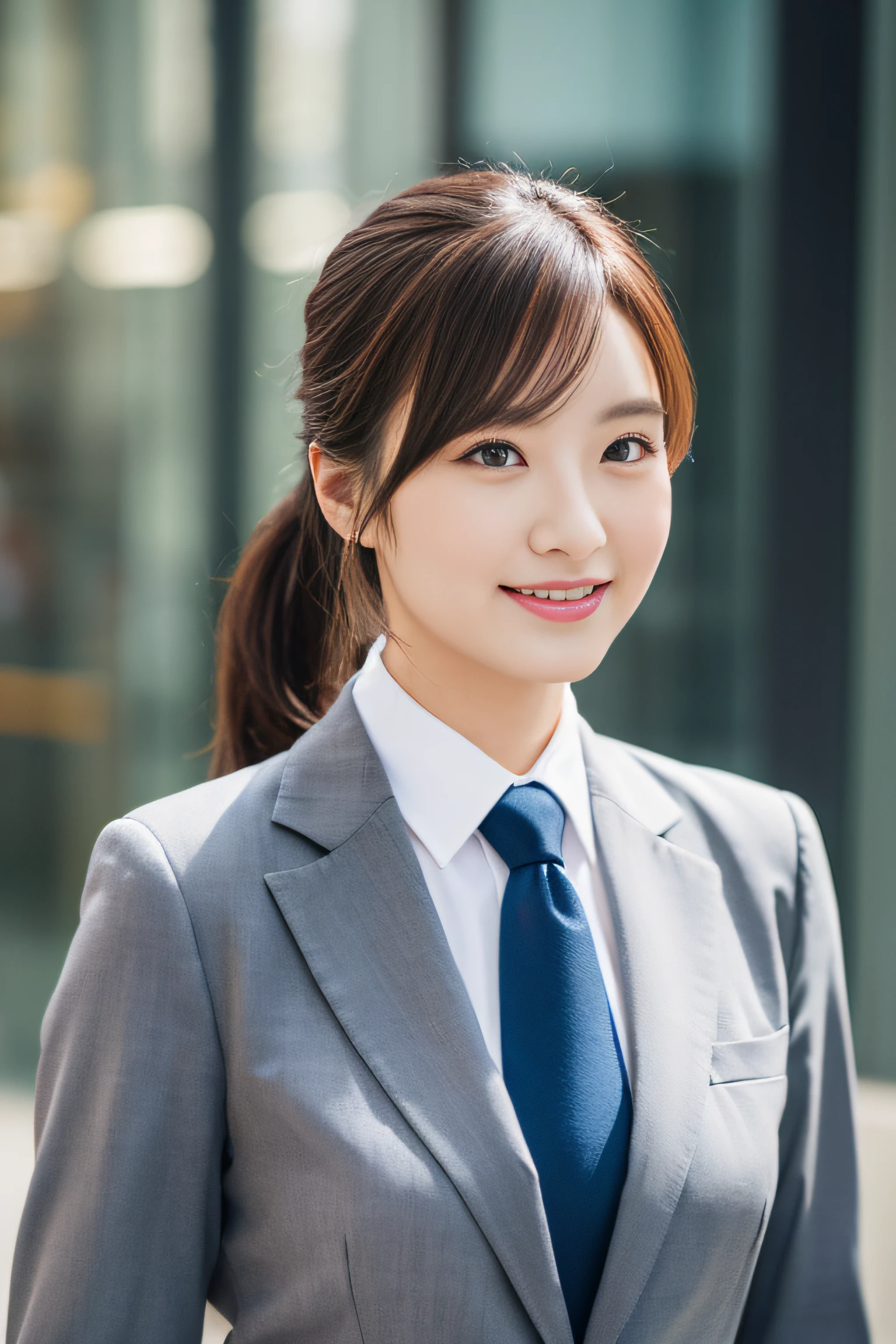 Woman in suit and tie posing for photo, professional profile picture, corporate portrait, businesswoman, well-lit professional photo, smile, ponytail, bust photo, natural pose, realistic, real face, looking at the camera, eyes consistent --auto