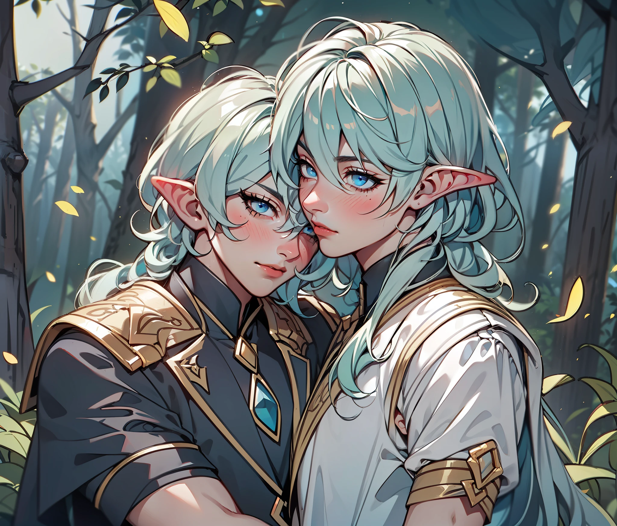 Two elven mans kissing, two mens, 2boys, homosexual couple, men kissing eachother, blush cheeks, shy, cute scene, yaoi style, yaoi, boyslove ((masterpiece)), artstation style, shonen ai, elven boys, elf boys, two boys, two Man, male characters, elf, elven, fantasy, cute boy, masculine man, in love, love scene, forest background, dark ambience, myaterious atmosphere, uhd,8k,16k,4k