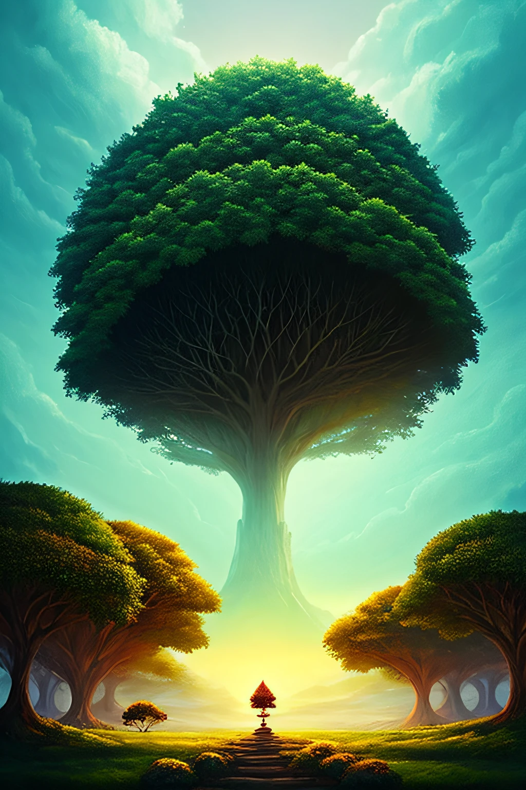 a mystical and epic landscape, featuring a fantastical and surreal world of floating islands, giant trees, mythical creatures, that transport the viewer to a world of imagination and wonder, artstation, digital art, intricate, trending, bright colors