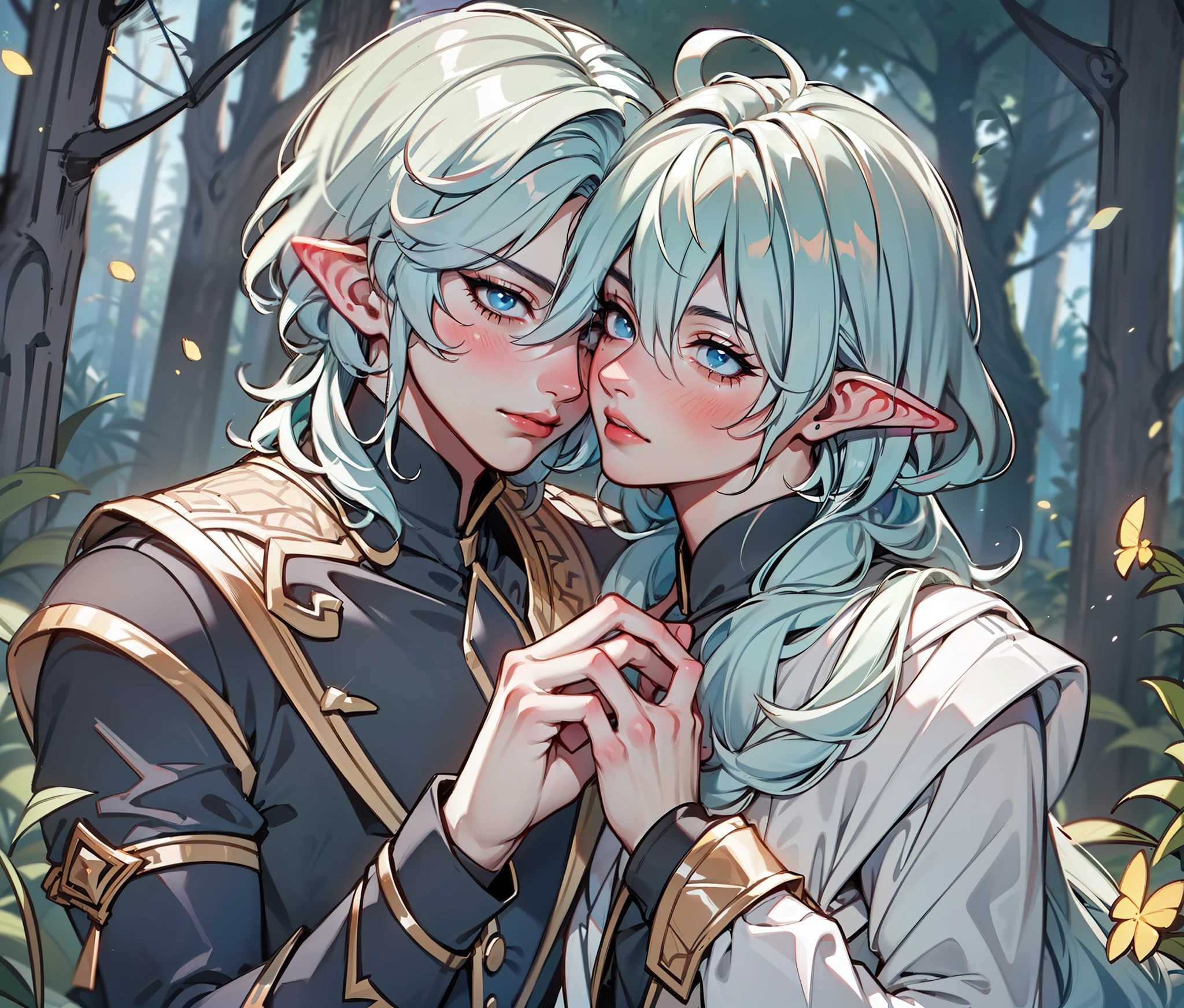 Two elven mans kissing, two mens, 2boys, homosexual couple, men kissing eachother, blush cheeks, shy, cute scene, yaoi style, yaoi, boyslove ((masterpiece)), artstation style, shonen ai, elven boys, elf boys, two boys, two Man, male characters, elf, elven, fantasy, cute boy, masculine man, in love, love scene, forest background, dark ambience, myaterious atmosphere, uhd,8k,16k,4k
