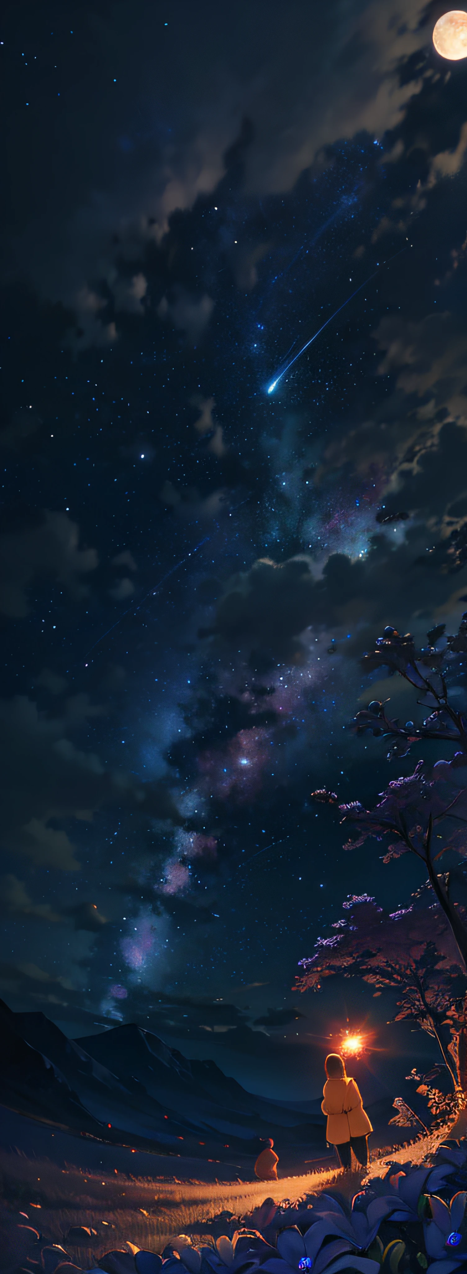 starry night with a couple of people sitting under a tree, night sky full of flowers, calm night. digital illustration, night sky; 8k, moonlit starry sky environment, starry sky 8 k, night under the starry sky, endless cosmos in the background, night background, beautiful night sky, cosmic skies. by makoto shinkai, starry sky, anime background