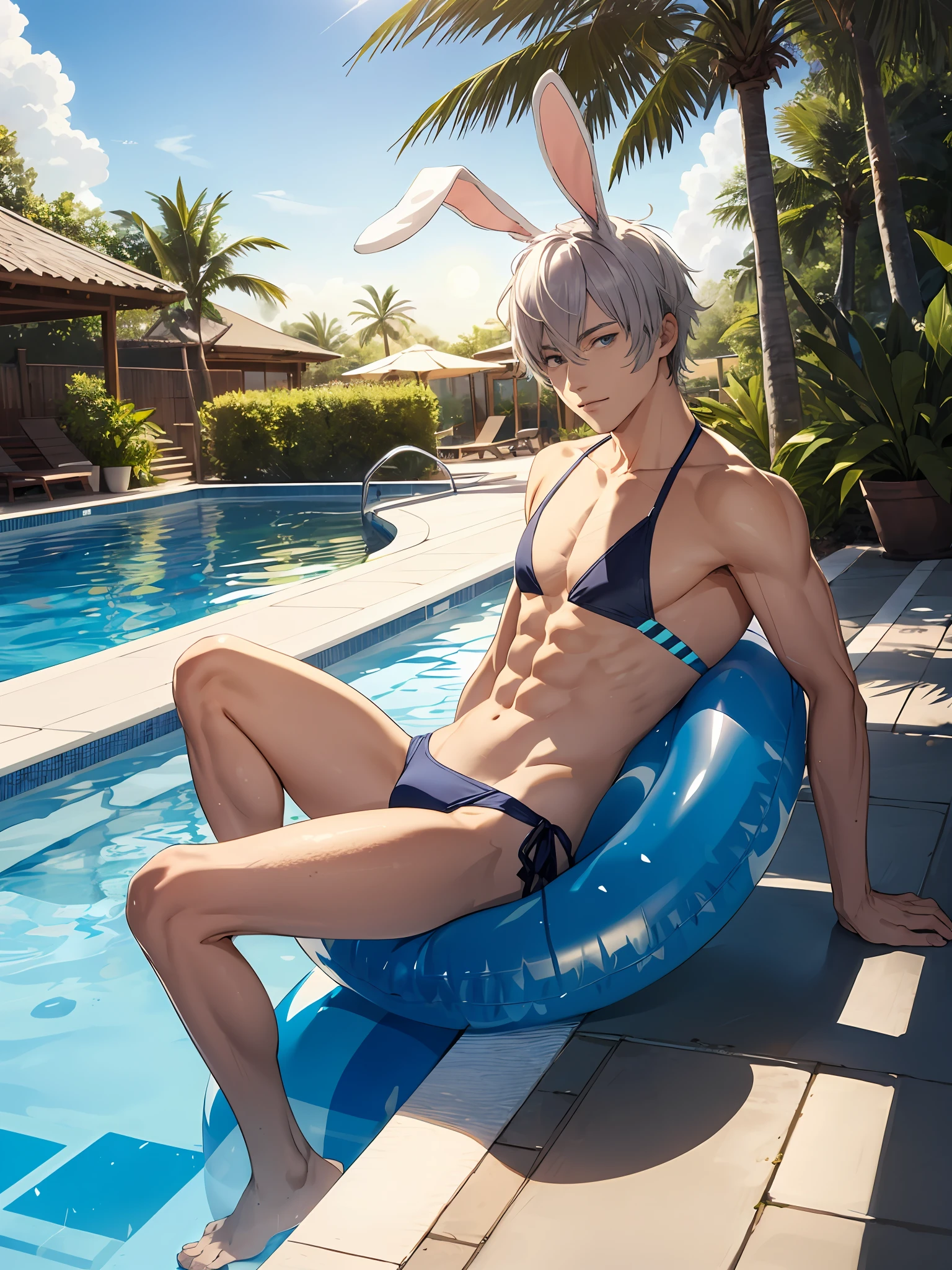 man, man, man, illustration style, cute boy, silver hair blue-eyed rabbit ears, bikini swimsuit, solo, rabbit ears, rabbit ears, morning moon, leisurely, sunny morning sun, pool relaxation, gaming pool, inflatable float, carefree atmosphere, refreshing water, friendly, bikini swimsuit, boy body, refreshing water, gentle morning crest, comfortable relaxation, tropical palm tree, sunrise, lazy morning, quiet oasis, man, man, man