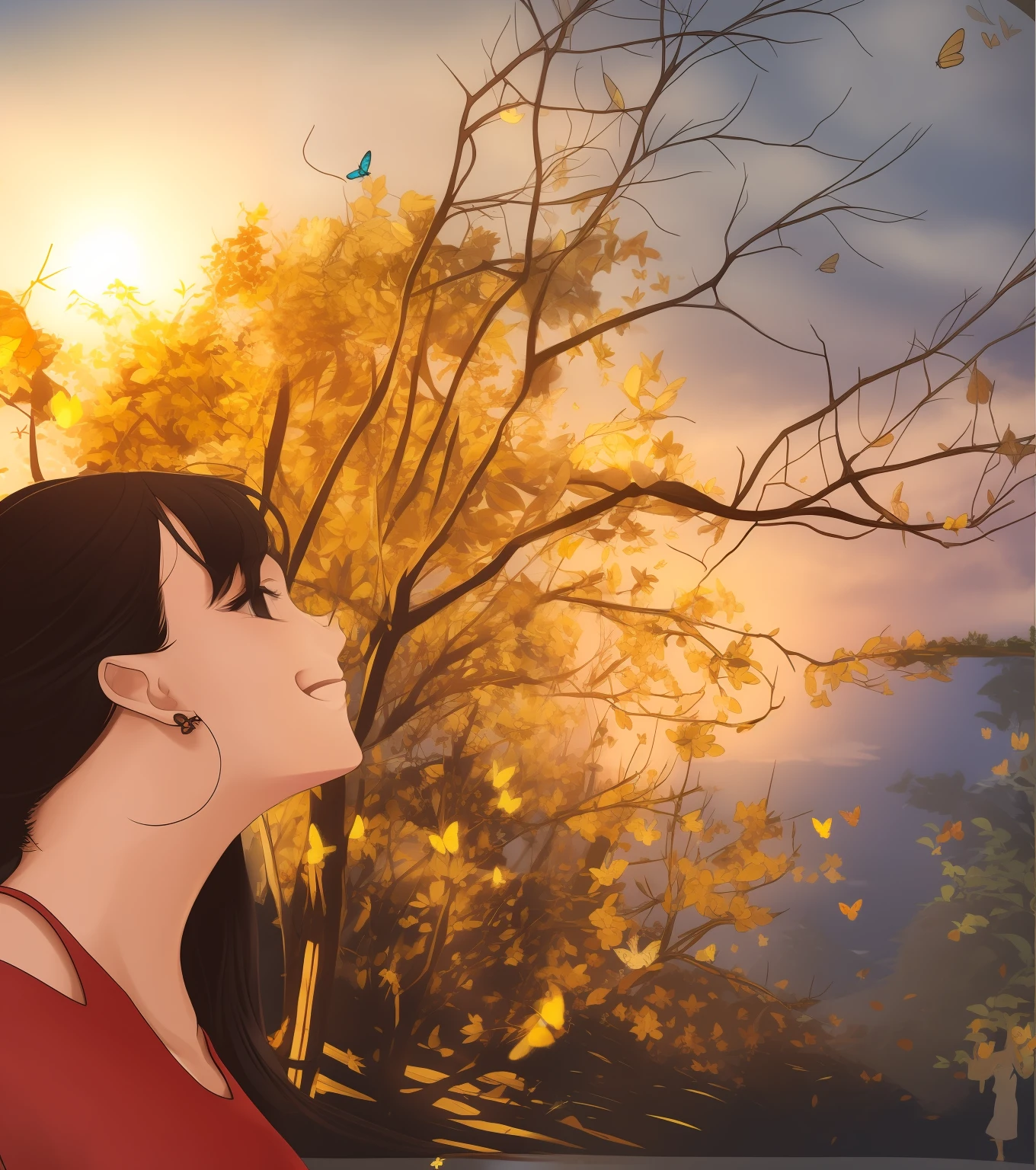 in this position but full body long dress smiling with open arms and looking at many butterflies