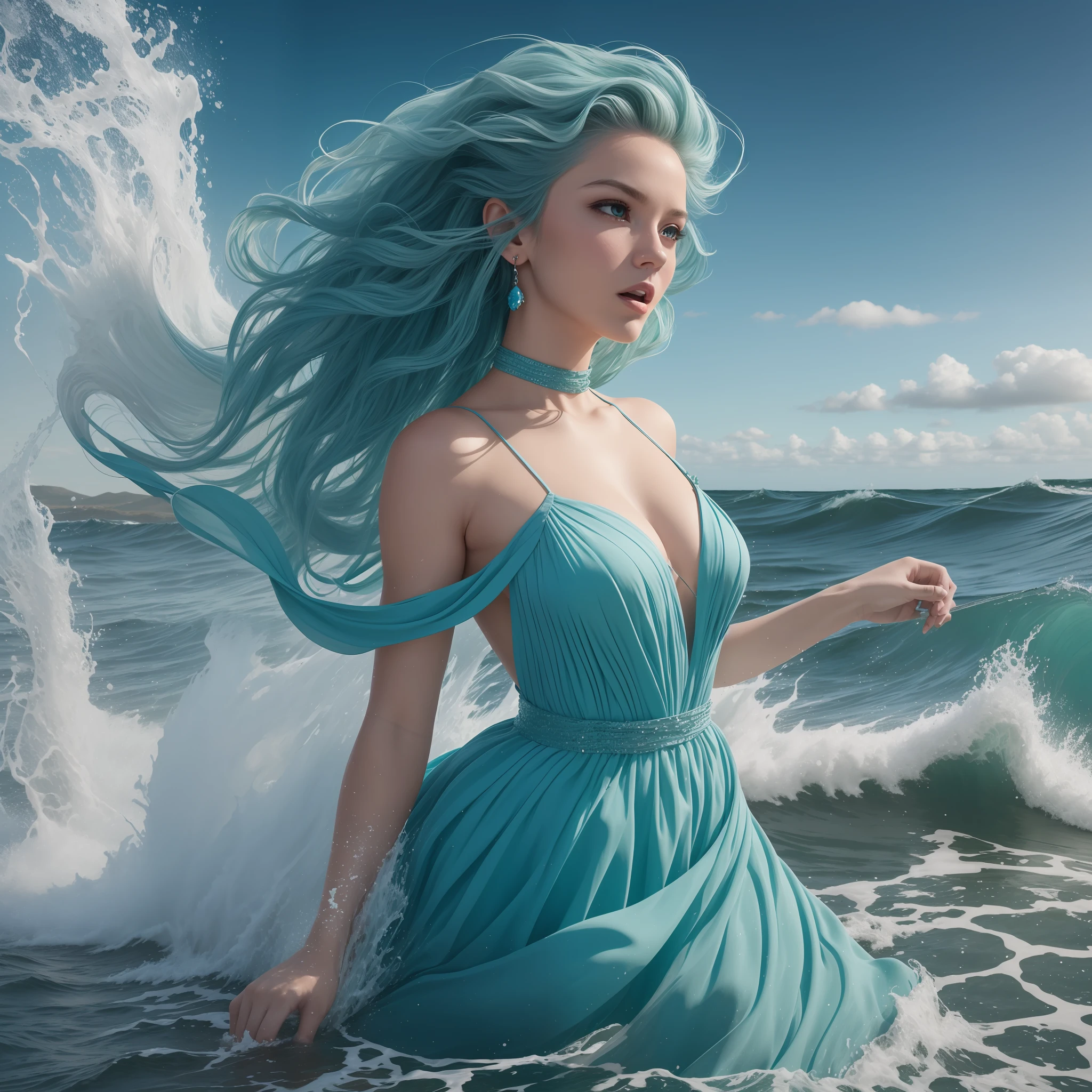 Tsunami Tara:
Outfit: A flowing aqua-blue gown with cascading layers, reminiscent of a massive tidal wave.
Props: Carrying a small ship or a broken surfboard.
Makeup: Light blue eyeshadow, resembling the shimmering surface of water.
Hairstyle: Long, wavy hair, styled to mimic the movement of crashing waves.
Expression: Powerful and awe-inspiring, yet carrying a sense of melancholy.
Background Design: A coastal scene with towering waves, submerged houses, and floating debris