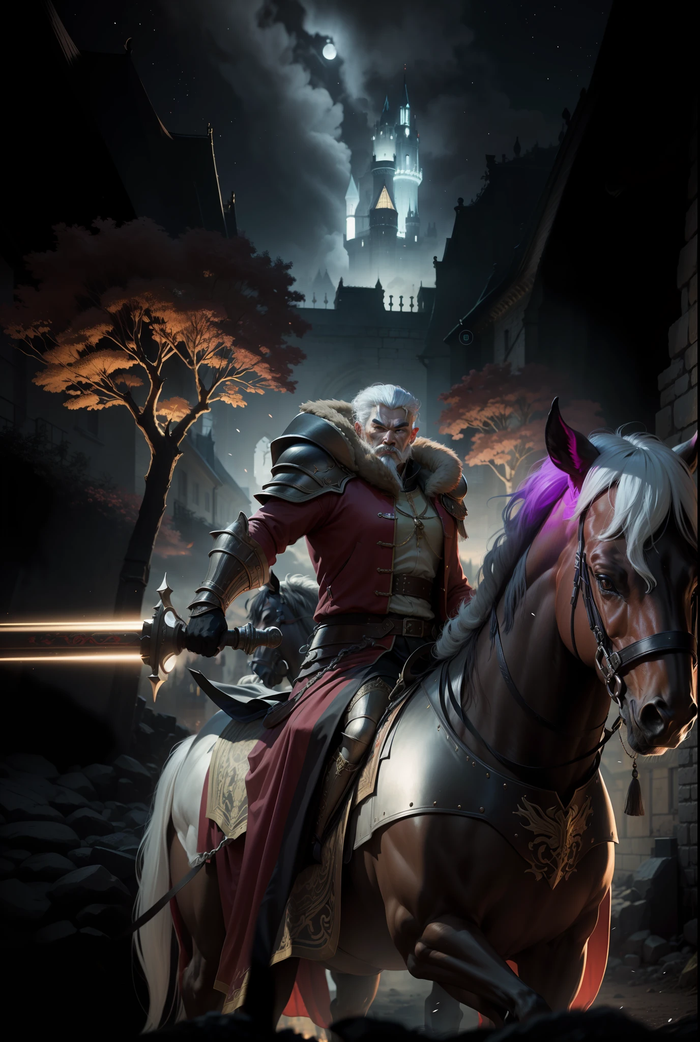 Genghis khan, red jacket with white hair, wearing black armor,castle at night, Gothic Royalist,4k,, mounted on a red-eyed black horse