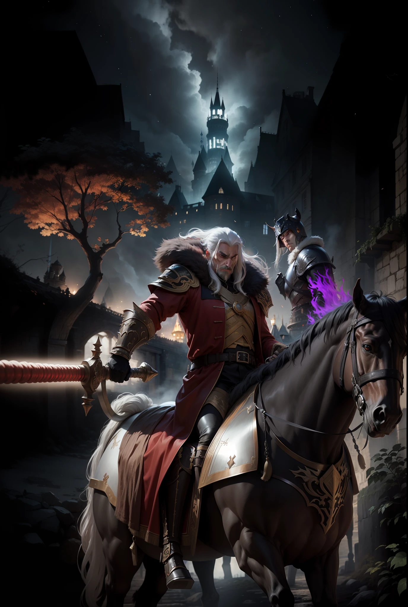 Genghis khan, red jacket with white hair, wearing black armor,castle at night, Gothic Royalist,4k,, mounted on a red-eyed black horse