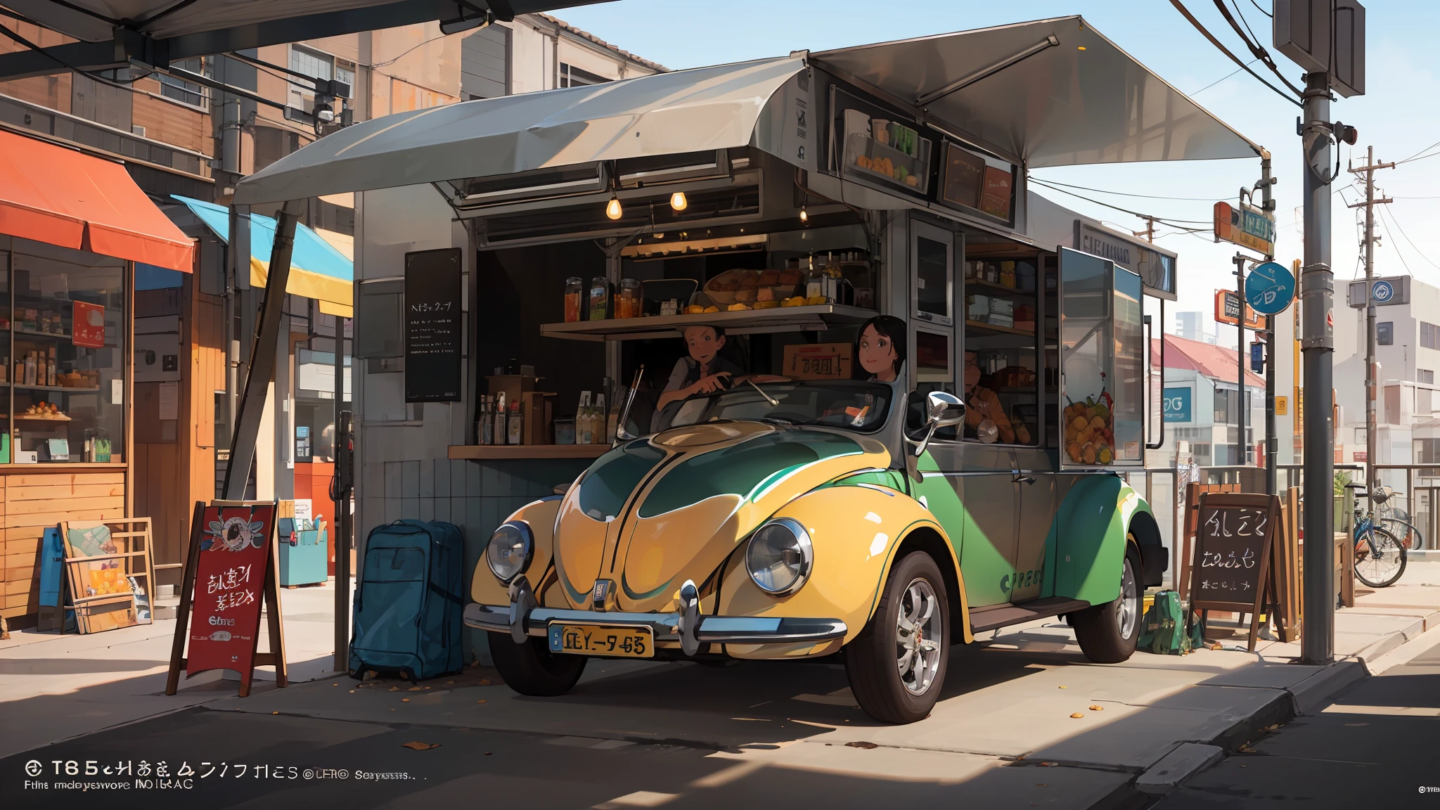 A beetle food truck, highly detailed ((impacting futuristic image)), some people around having lunch, perfect focus, ultra realistic, hd in 32k