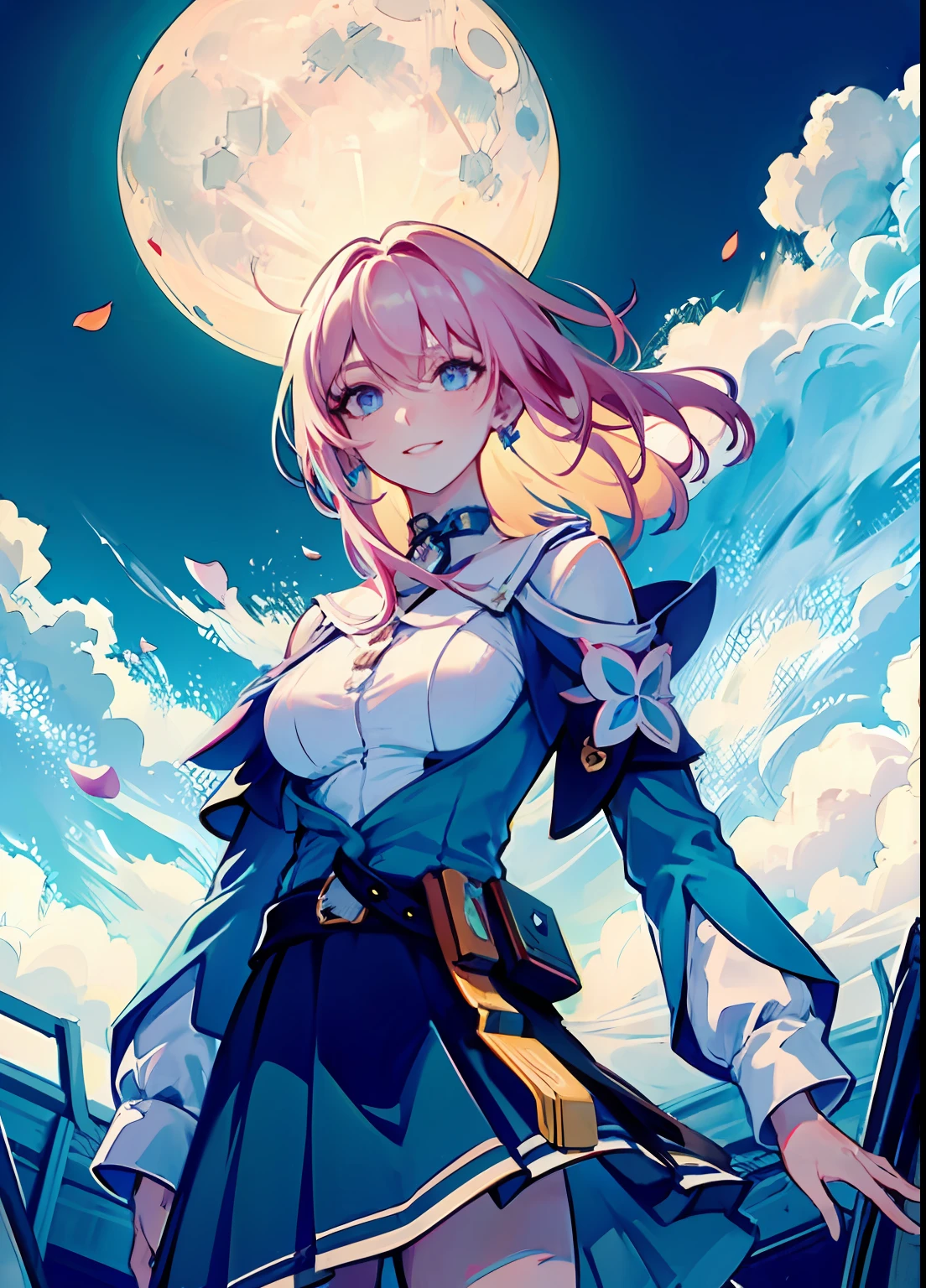 march 7th \(honkai: star rail\), 1girl, blue eyes, blue skirt, breasts, detached sleeves, earrings, ice, jewelry, long sleeves, medium breasts, medium hair, pink hair, shirt, skirt, solo, star \(symbol\), star earrings, white shirt masterpiece, best quality, 1girl, (colorful),(finely detailed beautiful eyes and detailed face),cinematic lighting,bust shot,extremely detailed CG unity 8k wallpaper,white hair,solo,smile,intricate skirt,((flying petal)),(Flowery meadow) sky, cloudy_sky, building, moonlight, moon, night, (dark theme:1.3), light, fantasy,