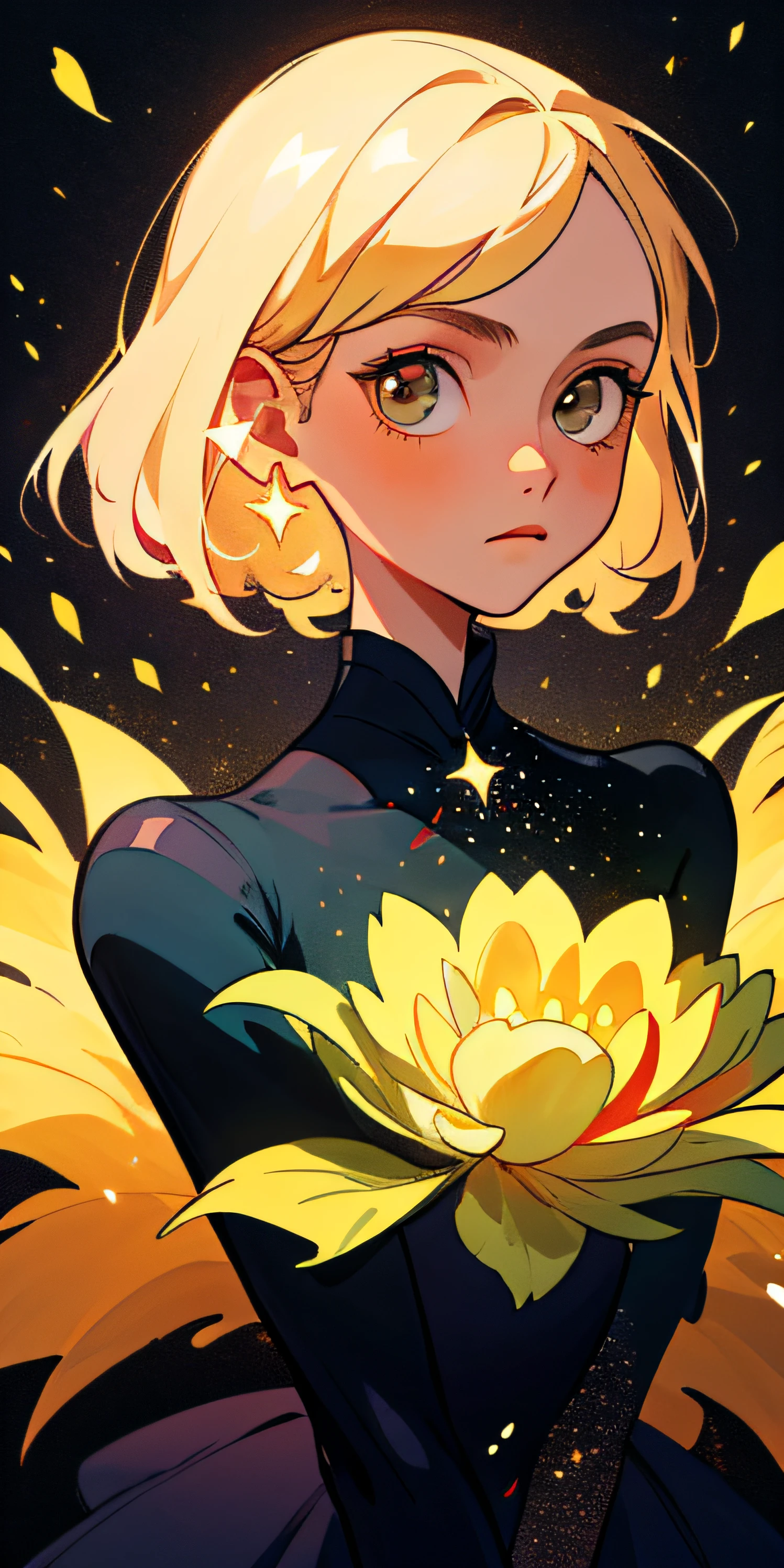 (best quality, masterpiece), 1girl, galaxy, glitter, dress, particle, wind, flower, upper body, dark simple background, looking at viewer, blonde,