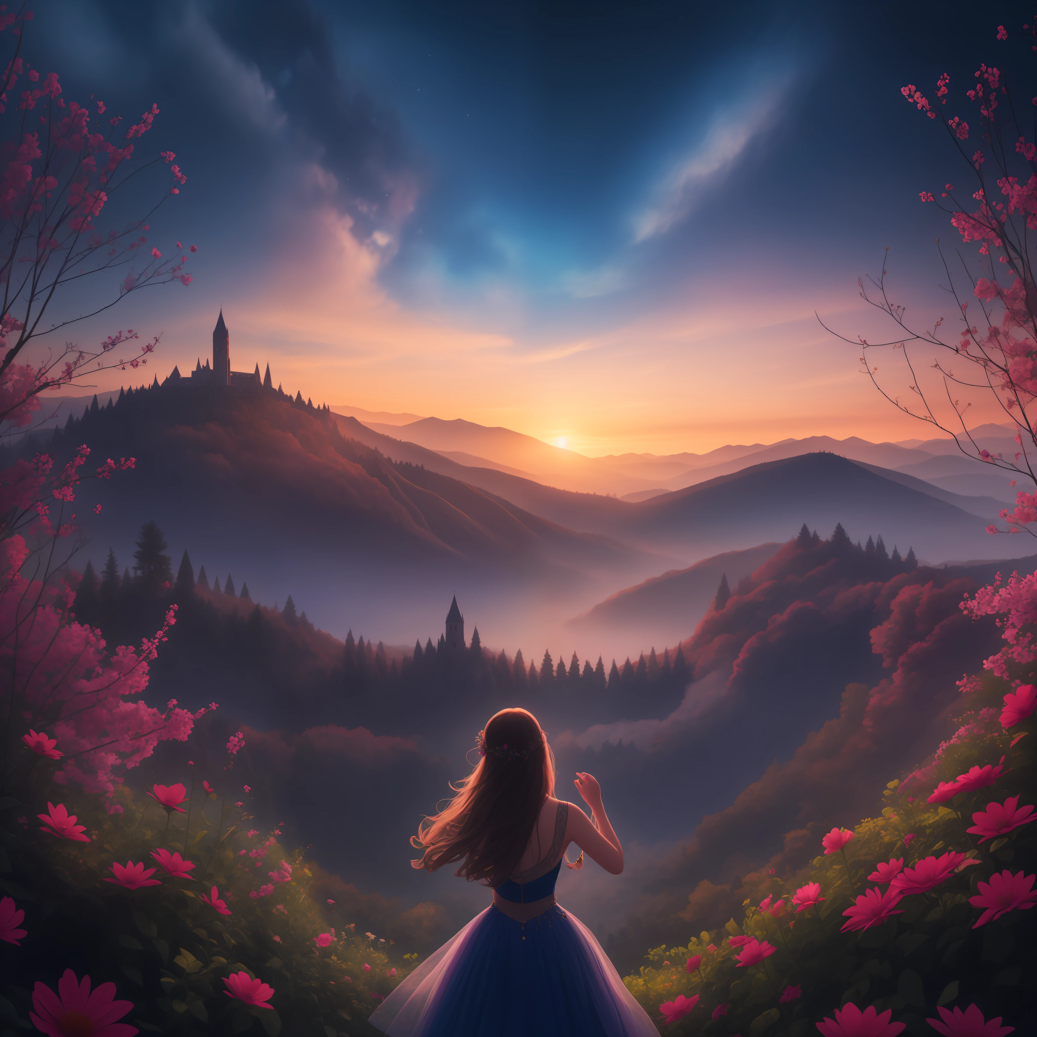 Imagine a vibrant evening scene where nature and music come together in a harmonious display of enchantment. Create a breathtaking image that captures the essence of this magical concert amidst a picturesque setting.