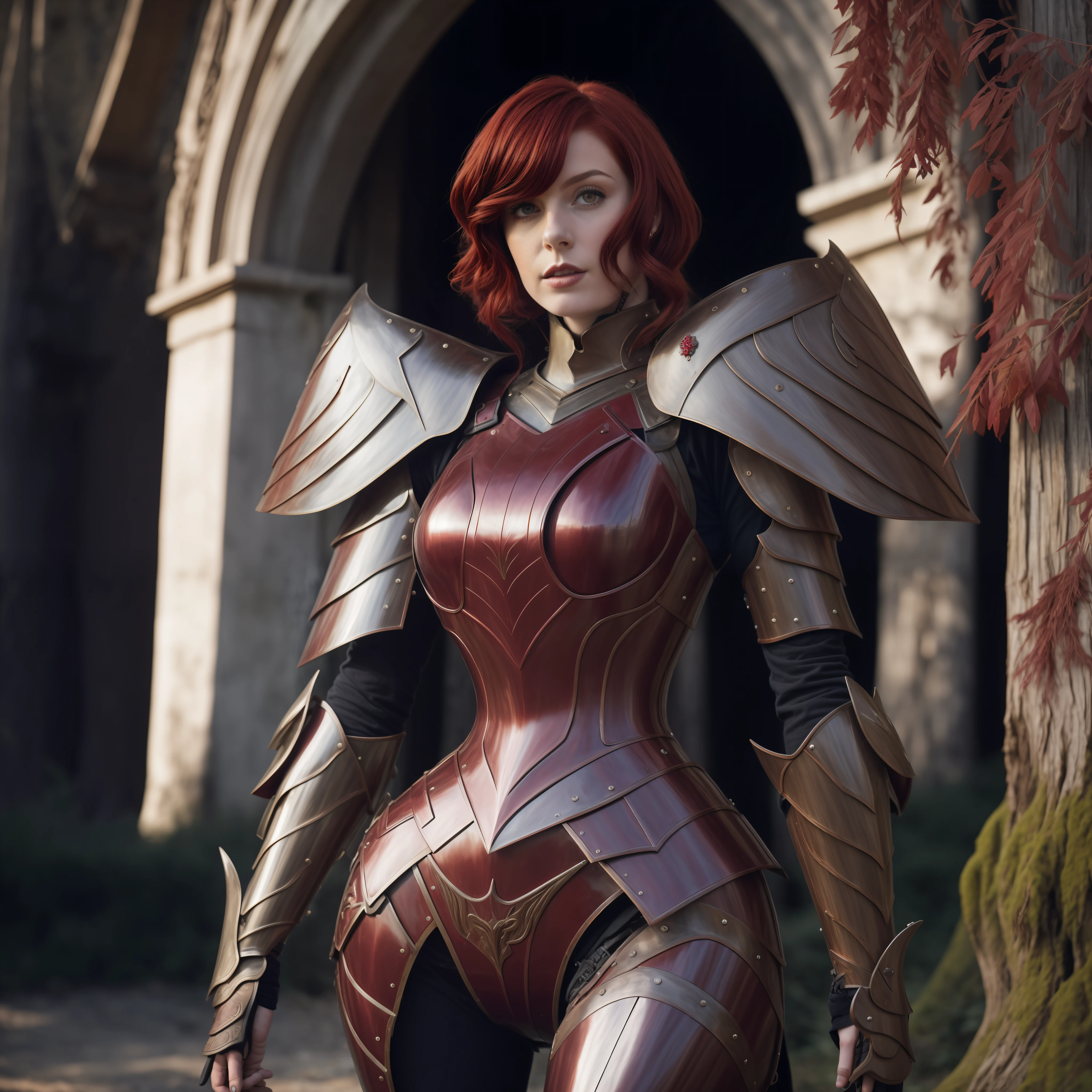 arafed woman in a red and black outfit standing in front of a building, redhead queen in heavy red armor, female redhead templar, lady in red armor, stunning armor, redwood forest themed armor, wearing fantasy armor, female armor, beautiful female knight, girl in knight armor, black and reddish color armor, wearing sculpted textured armor, ornate cosplay