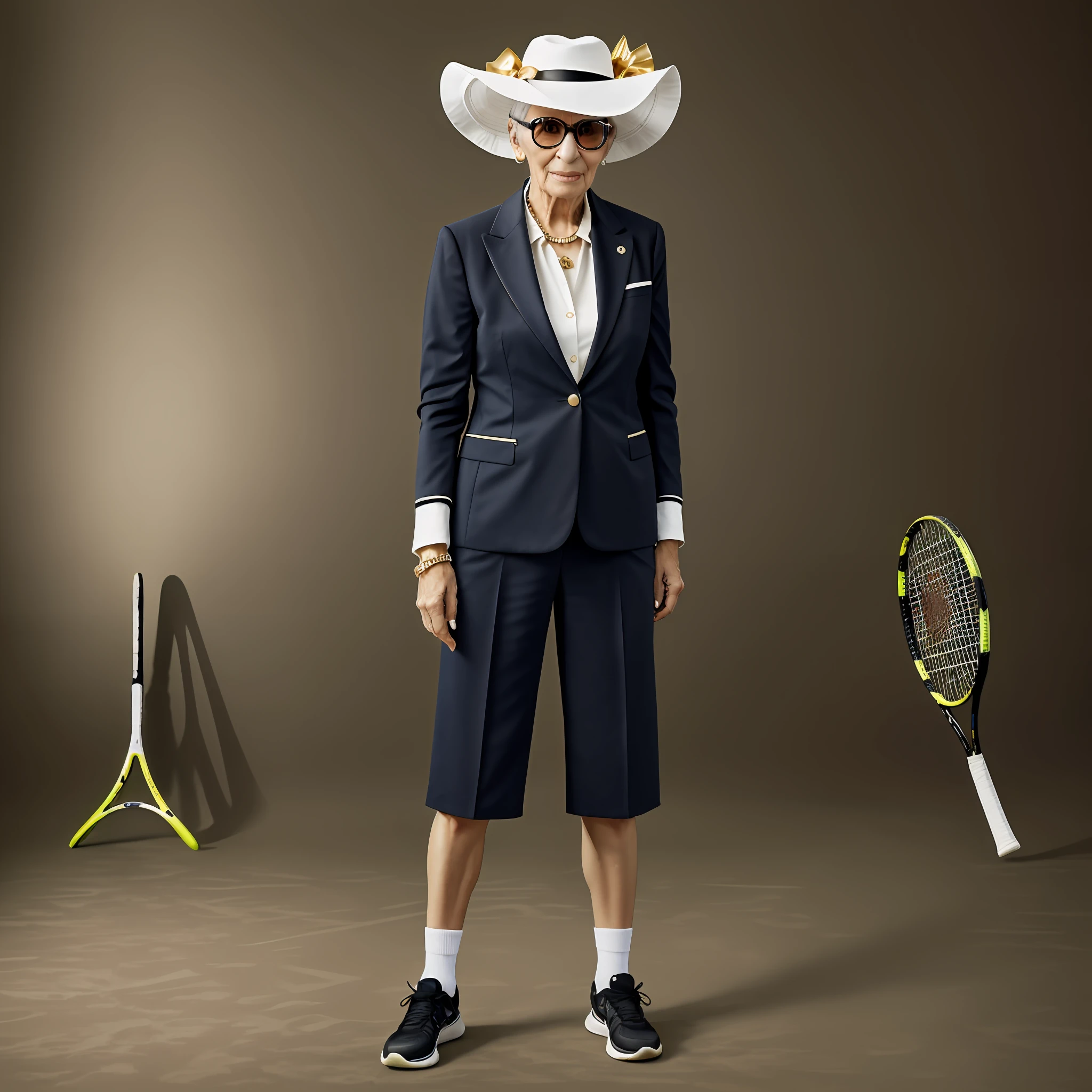 Iris Apfel, standing with a tennis racket, wide full body portrait, wearing an elegant and high-class sophisticated tennis outfit, hat, gold jewelry, black horn-rim glasses, Wimbledon tennis background, soft studio lighting, Goerz Hyperon 6.5mm f/8, photorealistic.