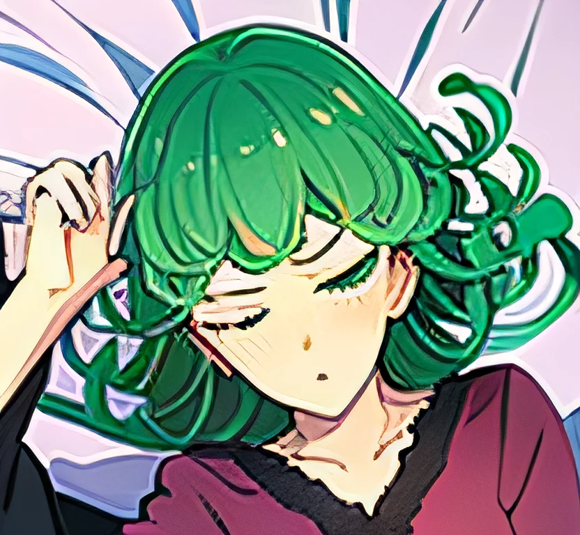 drawing of a woman in a bed, tatsumaki, bedroom, sleeping woman, beautiful, tender, eyes well made, hands well made, anime girl with curly green hair, pink nightgown, small breasts, point of view from above