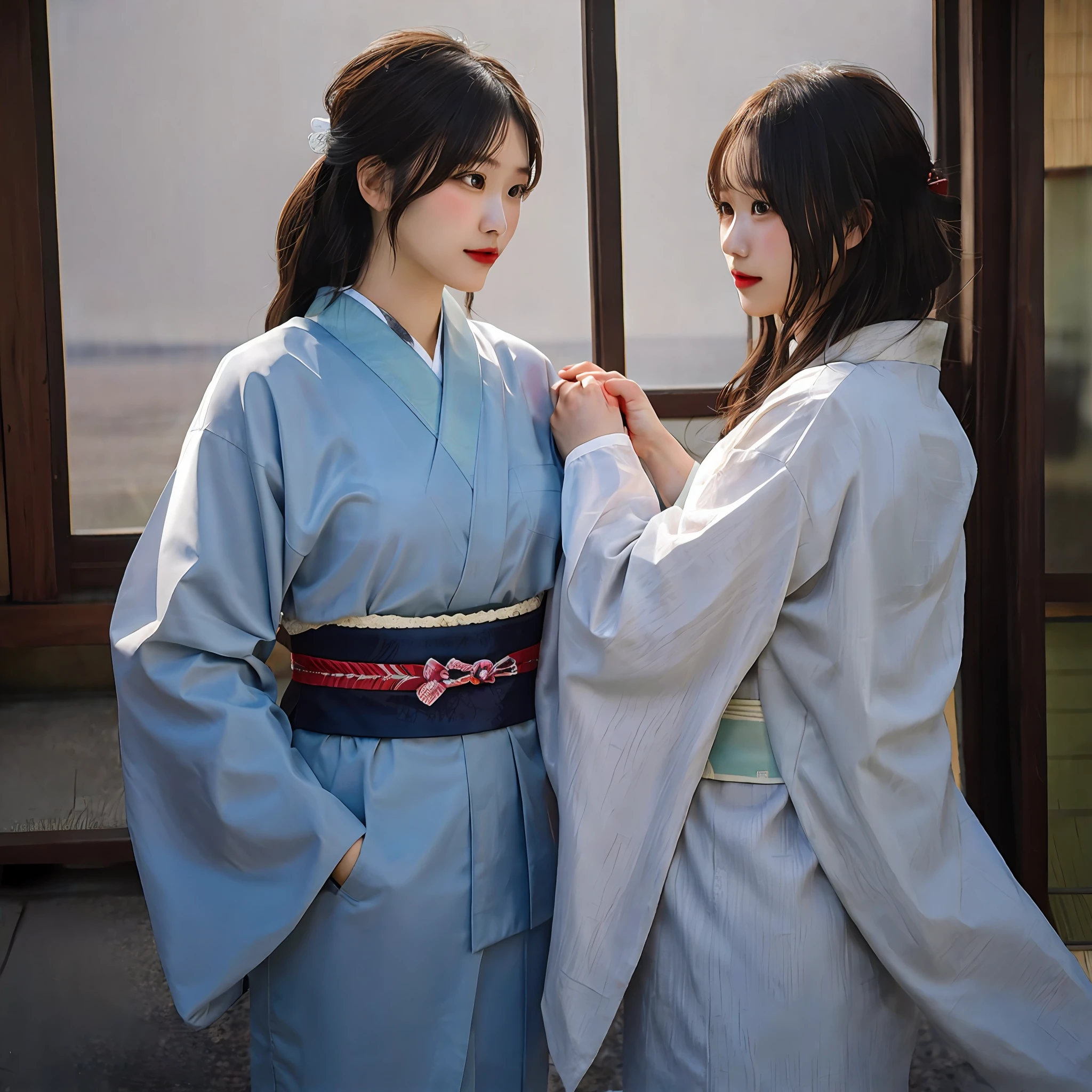 Couple of homosexual young women making love to each other, holding hands, erotic relationship, Japan traditional thin kimono and translucent kimono, there is a young beautiful slender girl looking out the window, she is wearing a traditional Japan kimono and is beautiful, best quality, real, photorealistic, best quality, masterpiece, very delicate and beautiful, very detailed, Fine Detail, Ultra Detail, High Definition, Very Detailed, Realistic, Ultra High Definition, Top Quality, Ultra High Definition Textures, Slender, Underwear Showing Through Inside Kimono