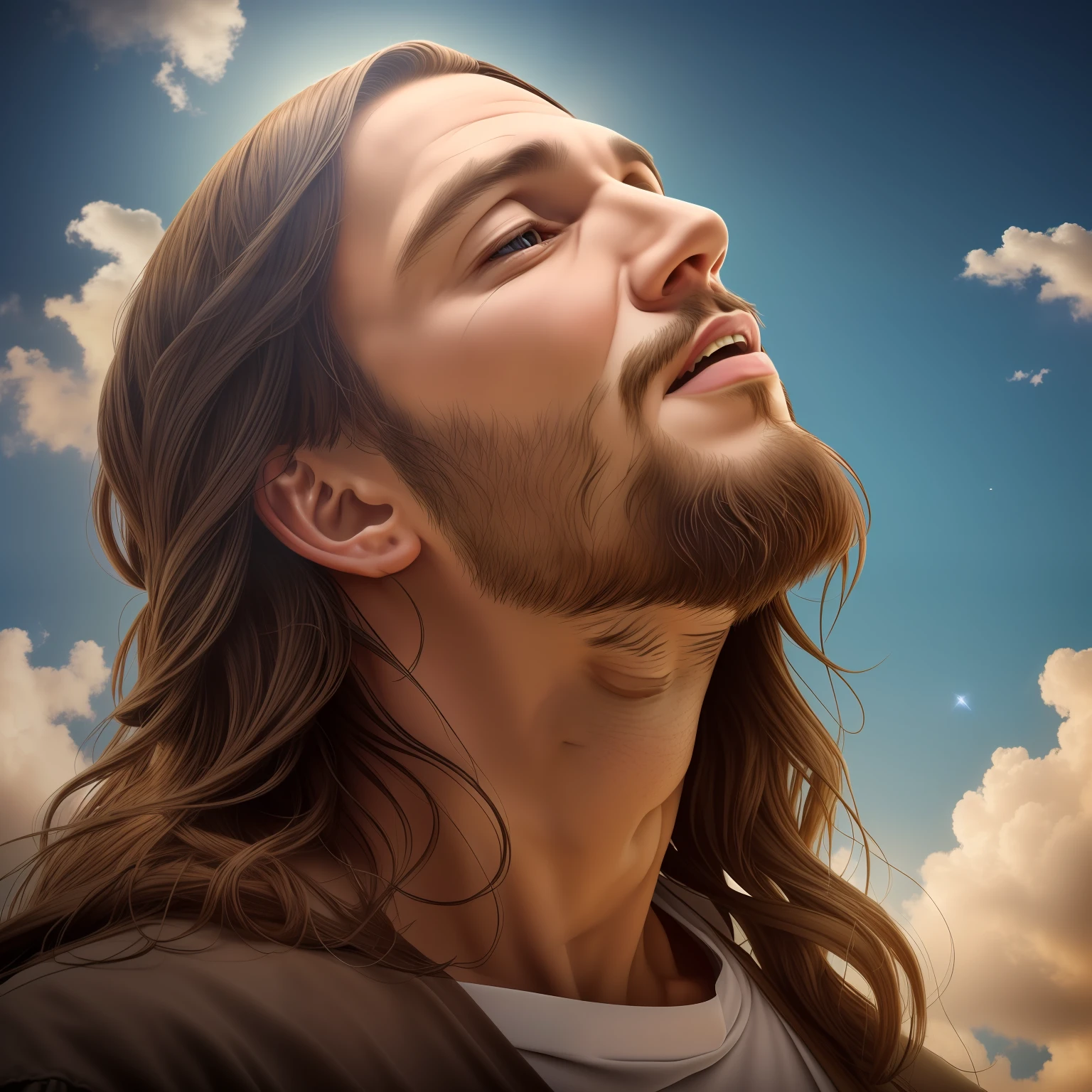 Award-winning realistic photo of Jesus Christ (looking up at the sky:1.3), expression conveying a sense of satisfaction and victory, hyper detailed 4k