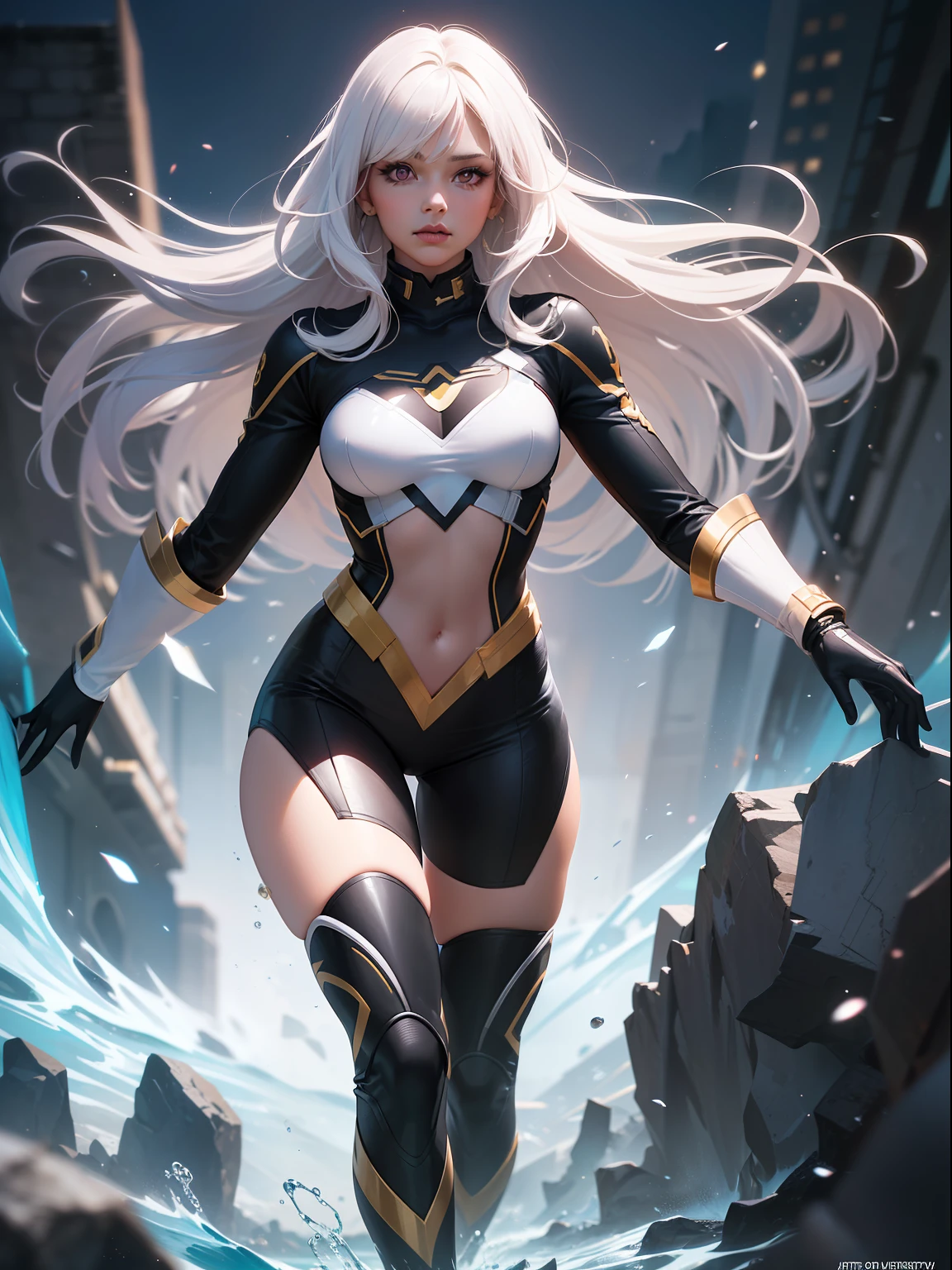 ((((BLACK GIRL))) landing for photo of ((full body)), long straight white hair, pink eyes, superheroine, black and yellow white uniform, letter 'x' on chest, aquapunk, superhero art, realistic, portrait, 8K Artgerm, Wojtek Fus, James Gurney, stunning digital illustration, realistic digital art 4K, realistic digital art 4K, high detail