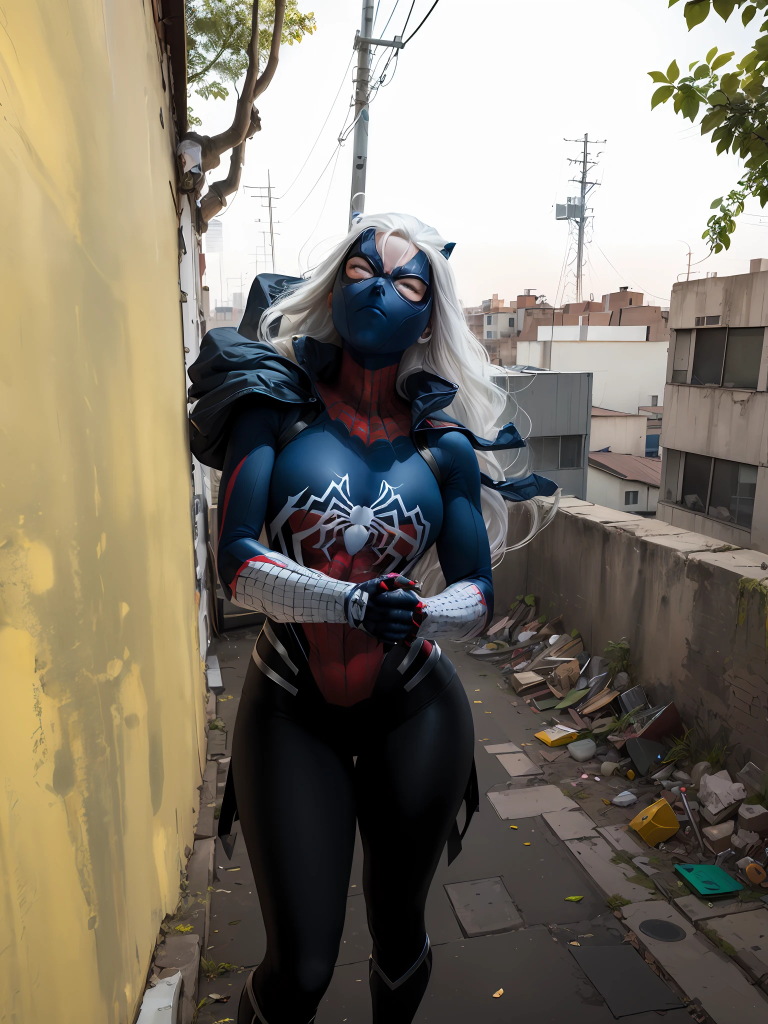 (Masterpiece, 4k resolution, ultra-realistic, very detailed), (White superhero theme, charismatic, there's a girl on top of town, wearing Spider-Man costume, she's a superhero), [ ((25 years), (long white hair:1.2), full body, (blue eyes:1.2), ((Spider-Man pose),show of strength, jumping from one building to another), ((sandy urban environment):0.8)| (cityscape, at night, dynamic lights), (full moon))] # Explanation: The Prompt mainly describes a 4K painting of ultra-high definition, very realistic, very detailed. It shows a superheroine at the top of the city, wearing a Spider-Man costume. The theme in the painting is a white superhero theme, the female protagonist has long white hair, is 25 years old and her entire body is shown in the painting. In terms of portraying the actions of superheroines, spiders are employed