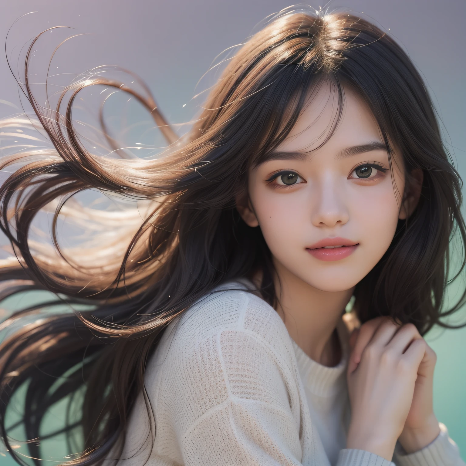 Solo girl portrait, nice perfect face with soft skin, small face with nose and rose-like lips, beautiful eyes, beautiful smile. Black thin long beautiful hair, gray sweatshirt and striped shirt and flared skirt, bathed in a bright etheric glow, floating, (lavender background), (top quality, 8k, game CG, photorealistic, wallpaper), (red | green | blue | black | white color), Raphael, USA: 0.5