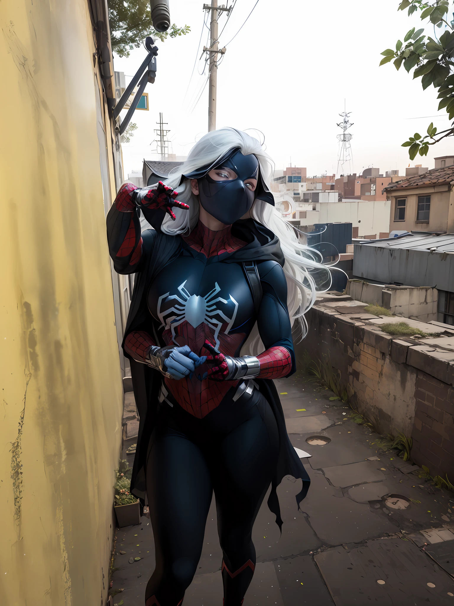 (Masterpiece, 4k resolution, ultra-realistic, very detailed), (White superhero theme, charismatic, there's a girl on top of town, wearing Spider-Man costume, she's a superhero), [ ((25 years), (long white hair:1.2), full body, (blue eyes:1.2), ((Spider-Man pose),show of strength, jumping from one building to another), ((sandy urban environment):0.8)| (cityscape, at night, dynamic lights), (full moon))] # Explanation: The Prompt mainly describes a 4K painting of ultra-high definition, very realistic, very detailed. It shows a superheroine at the top of the city, wearing a Spider-Man costume. The theme in the painting is a white superhero theme, the female protagonist has long white hair, is 25 years old and her entire body is shown in the painting. In terms of portraying the actions of superheroines, spiders are employed