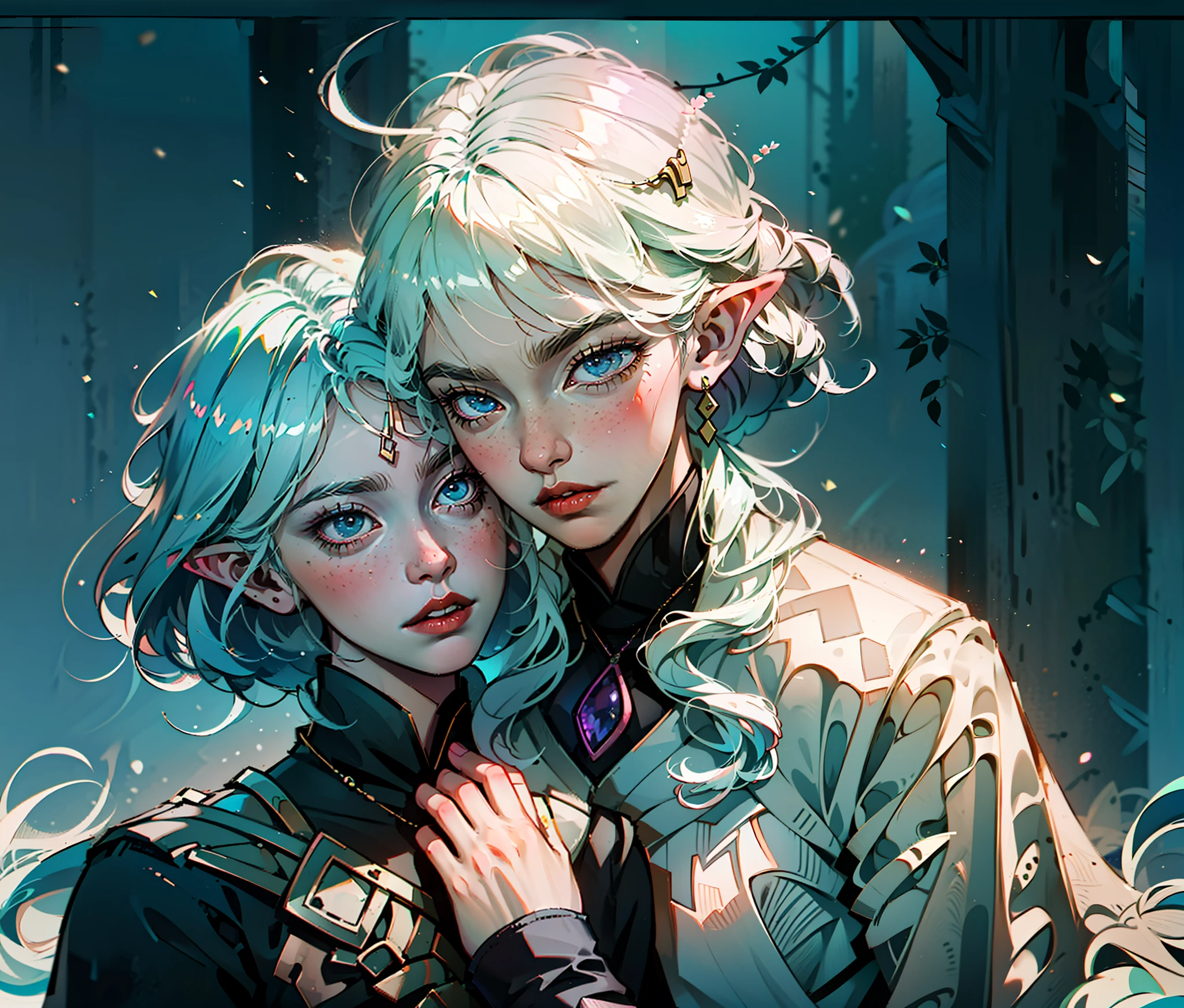Two elven mans kissing, two mens, 2boys, homosexual couple, men kissing eachother, blush cheeks, shy, cute scene, yaoi style, yaoi, boyslove ((masterpiece)), artstation style, shonen ai, elven boys, elf boys, two boys, two Man, male characters, elf, elven, fantasy, cute boy, masculine man, in love, love scene, forest background, dark ambience, myaterious atmosphere, uhd,8k,16k,4k
