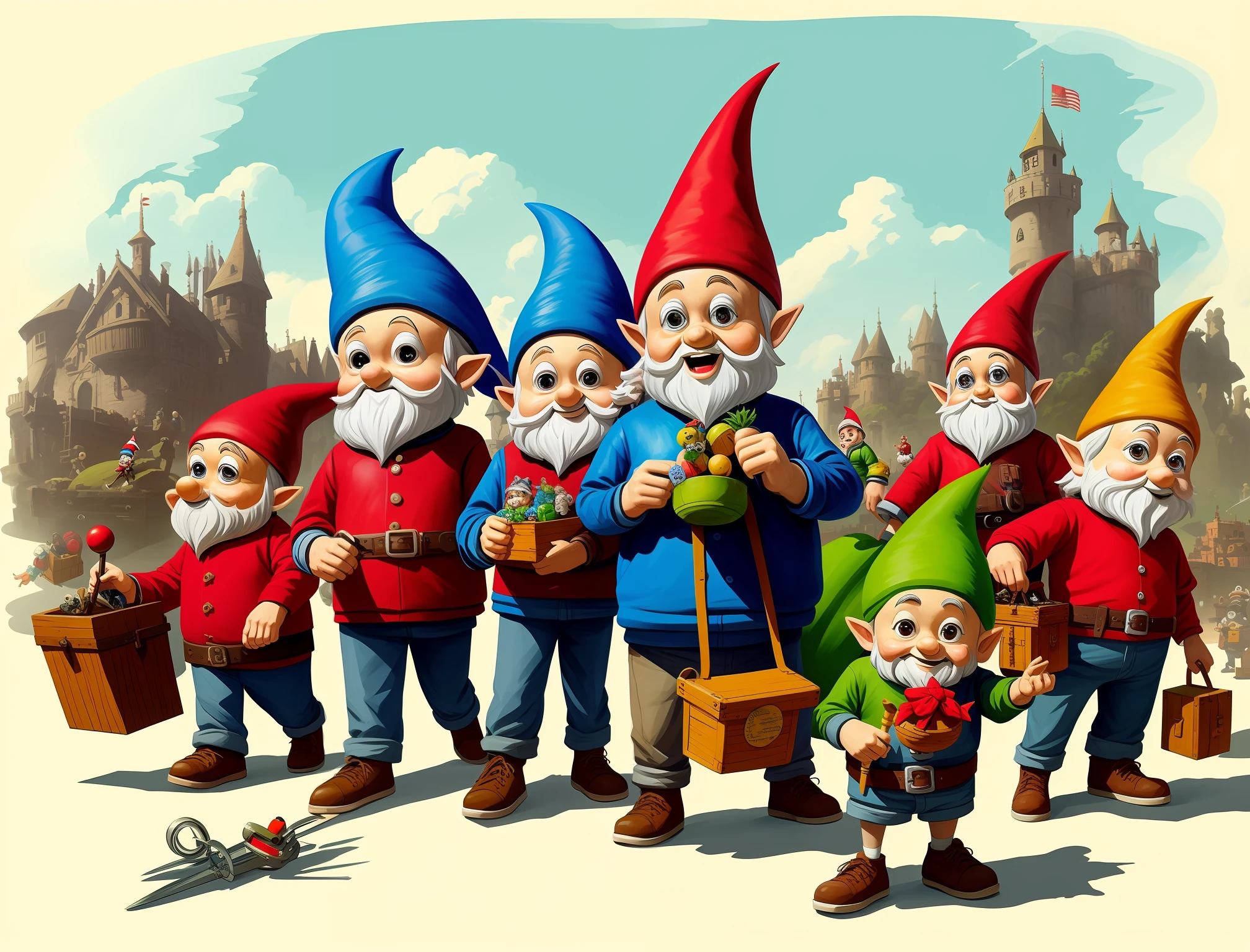 Describe a group of mischievous gnomes, short in stature, with big noses, long, twisted beards, wearing colorful caps and carrying bags full of trinkets and ingenious tools, art style Simon bisley