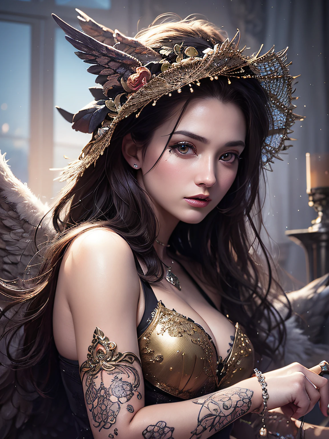 ornate, intricate details, beautiful witch, gothic style, hyper-realistic fantasy art, digital illustration, beautiful dark angel, Photography, powerful colors, Modern, Fantasy concept art, 32k resolution, best quality, Masterpiece, Natural light, Insanely detailed, 8k resolution, Fantasy art, Detailed painting, Hyper Realism, Photorealistic, by aguilar, beautiful detailed intricate, Insanely detailed, natural skin, soft impressionist perfect composition, award-winning photograph, Kids story book style, Muted colors, Watercolor style