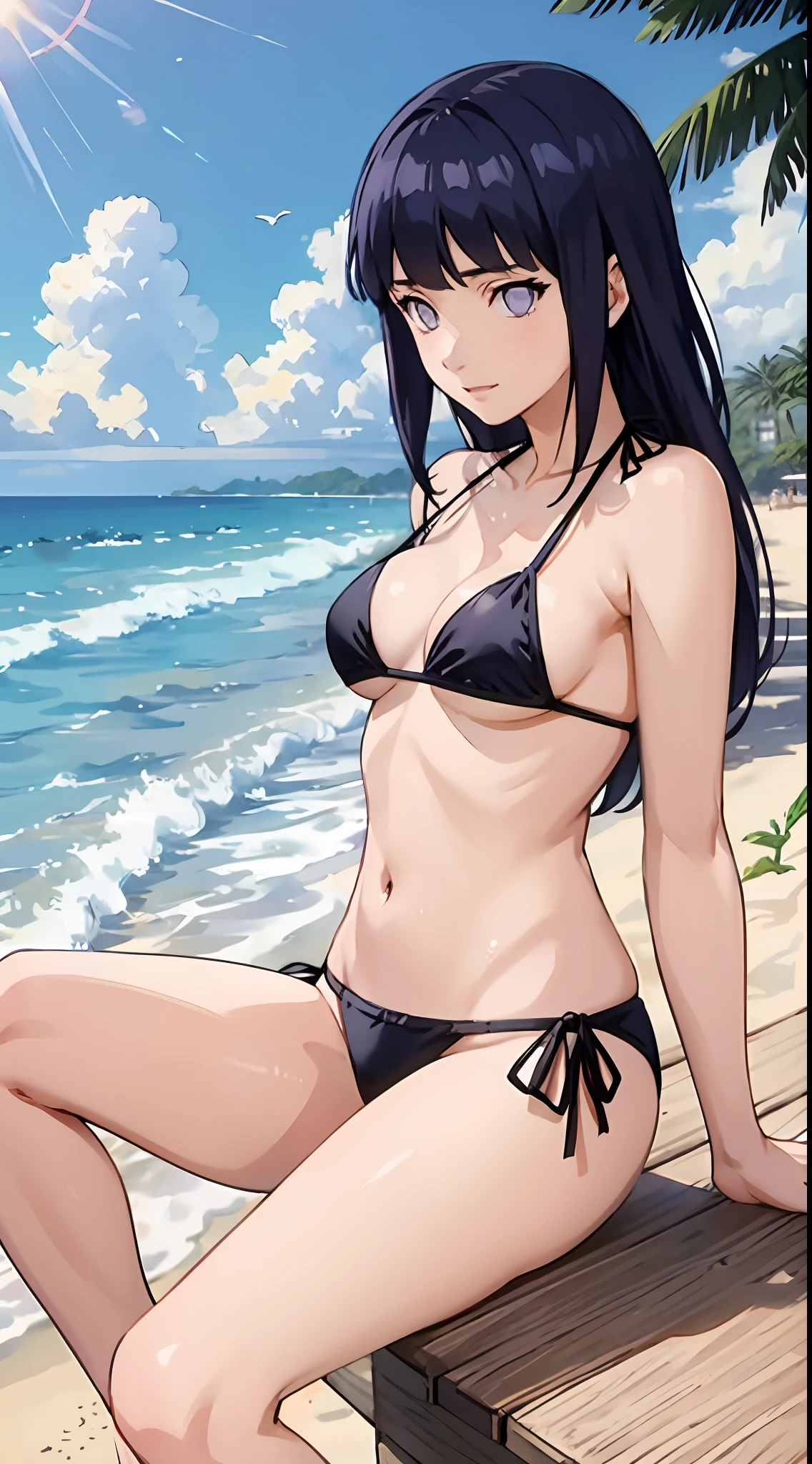 hyuga hinata, side tie bikini, medium breast, slim legs, sunny day, Beach, leaning, beautiful eyes