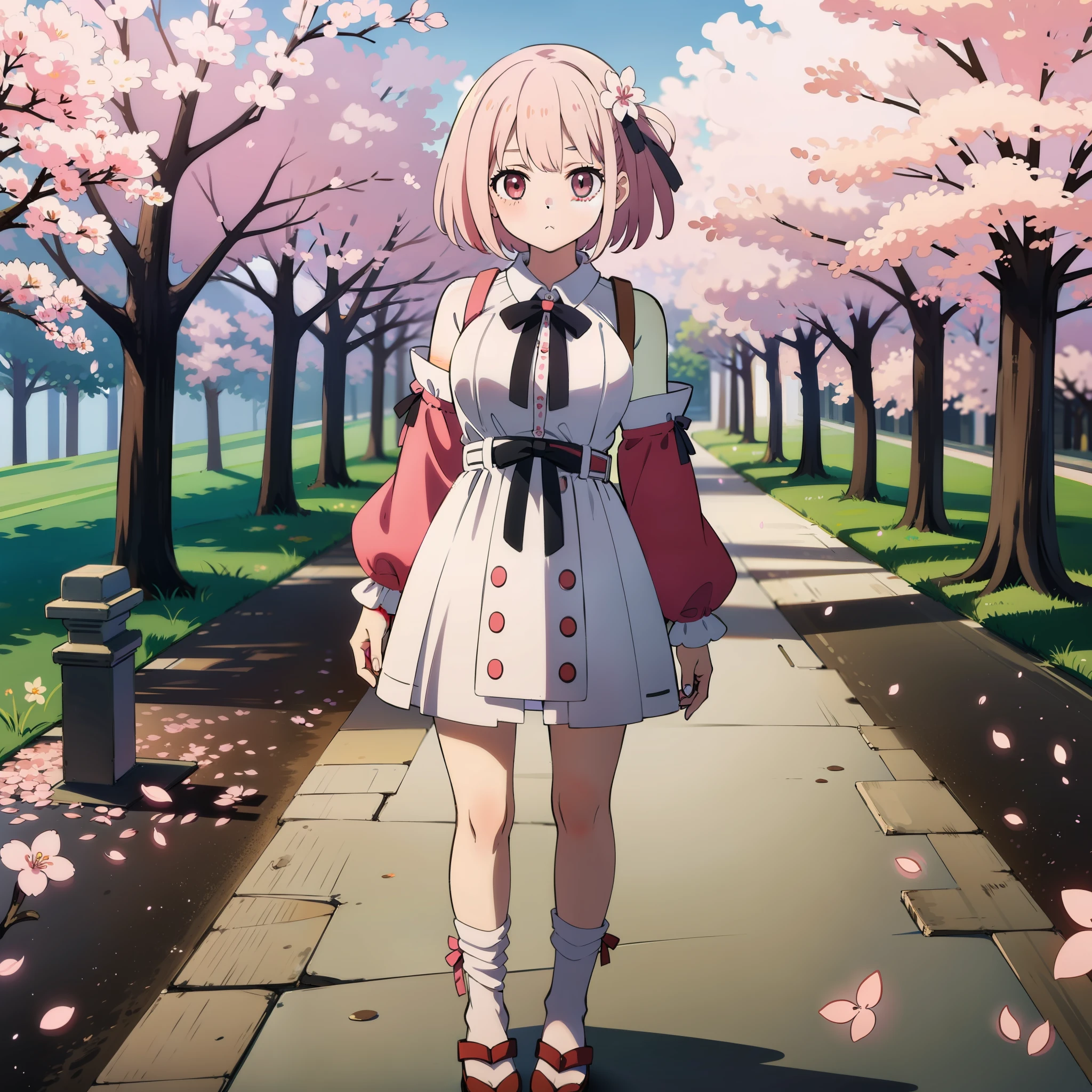 (^ω^) An adorable anime girl with pastel-colored hair and a cute outfit, standing in a dreamy landscape filled with blooming cherry blossoms. (♡ω♡ )