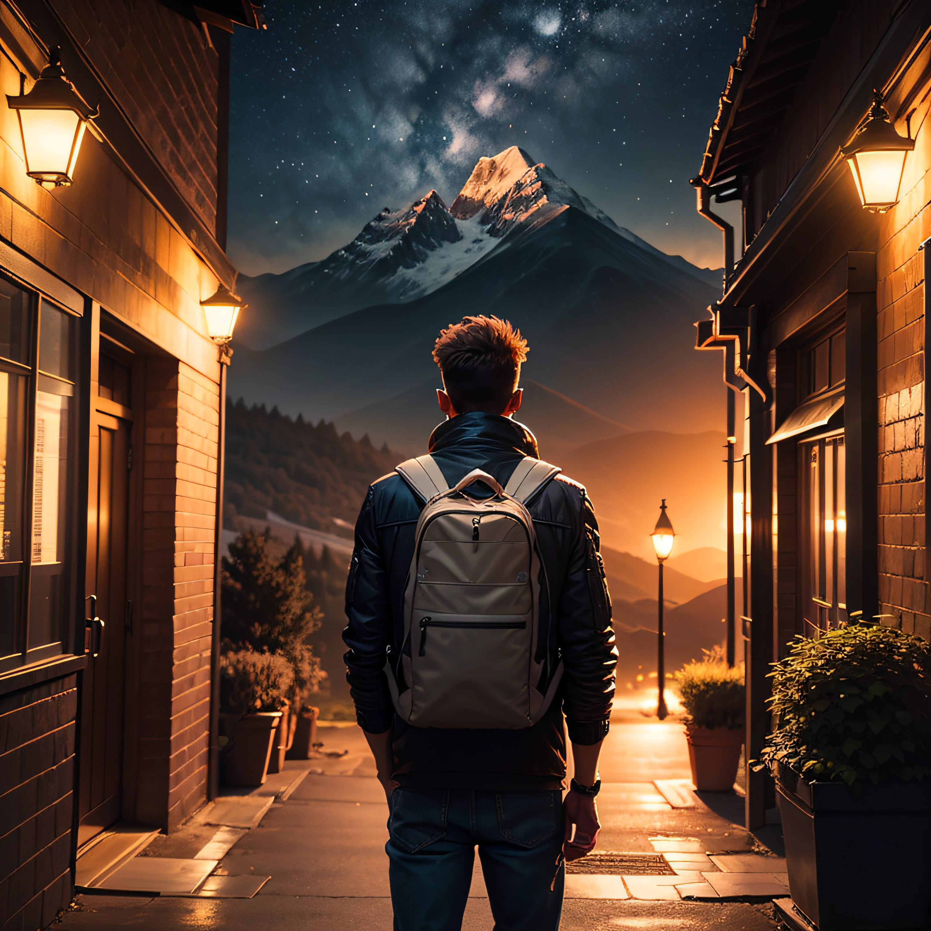 (capa de revista: 1.3), man with broad back, seeing a mountain in the background, light behind the mountain, preparing to climb, realistic, night --auto