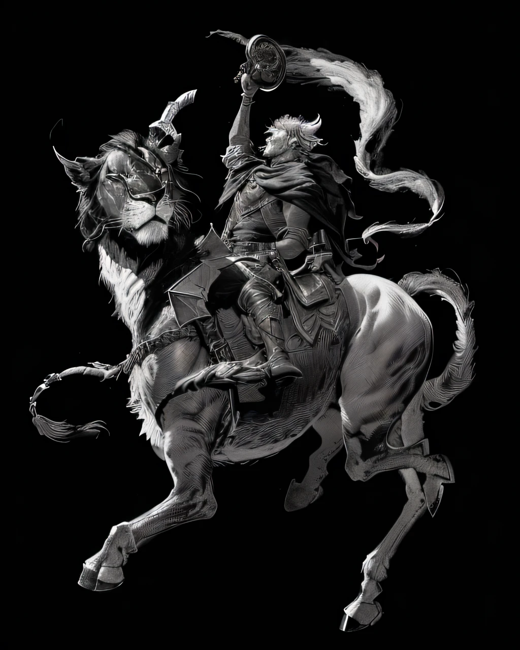 arafed image of a man riding a horse with a lion, tiefling, tiefling from d & d, cosmic tiefling d&d, dark high-contrast concept art, male centaur centaur chimera, the man riding is on the lion, tiefling bard, tiefling rogue, alluring tiefling druid, attractive tiefling druid