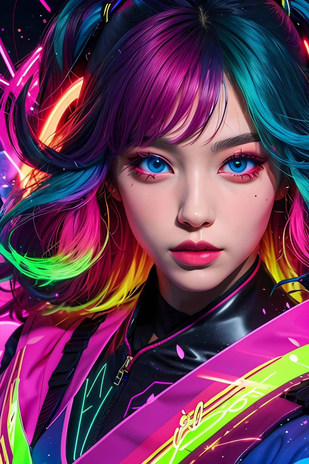 (close-up), portrait, portrait, (solo), masterpiece, best quality, clothes

high contrast, psychedelic, [[[lsd]]], particles, bloom, neon lighting, (glow), flat color, splashes of color, colors mashing