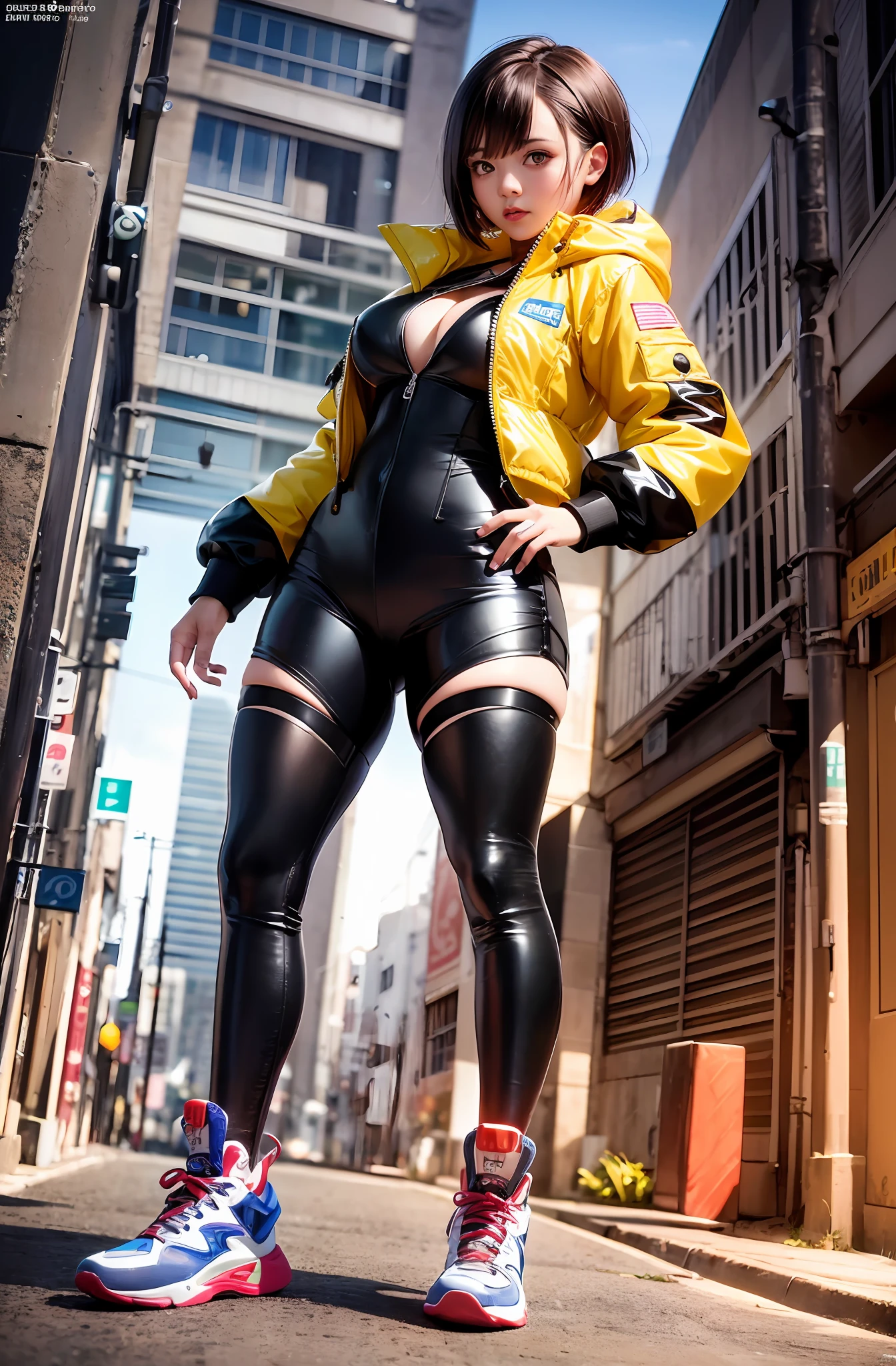 (masterpiece, best quality, high quality, highres, ultra-detailed), dynamic pose,full body, mundane Renderman, Tropical Puerto Rican ,cyber style girl, 1girl, short hair, solo, Oracle, wearing Energizing Plastic Harrington jacket, Hopeful, volumetric lighting, (art by Alberto Dros:1.2), --auto --s2