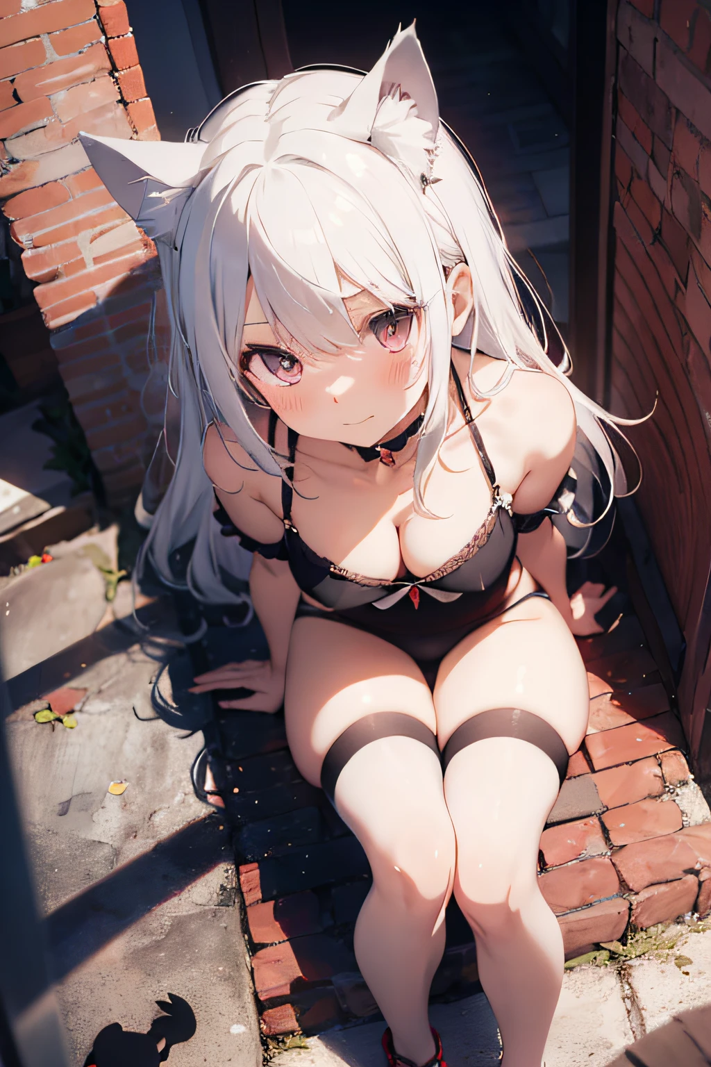 Anime girl with white hair and cat ears, ruby eyes, shy blush, medium breast, bare shoulders,  bare legs, full body, high contrast, soft light, master piece, extraordinary nice