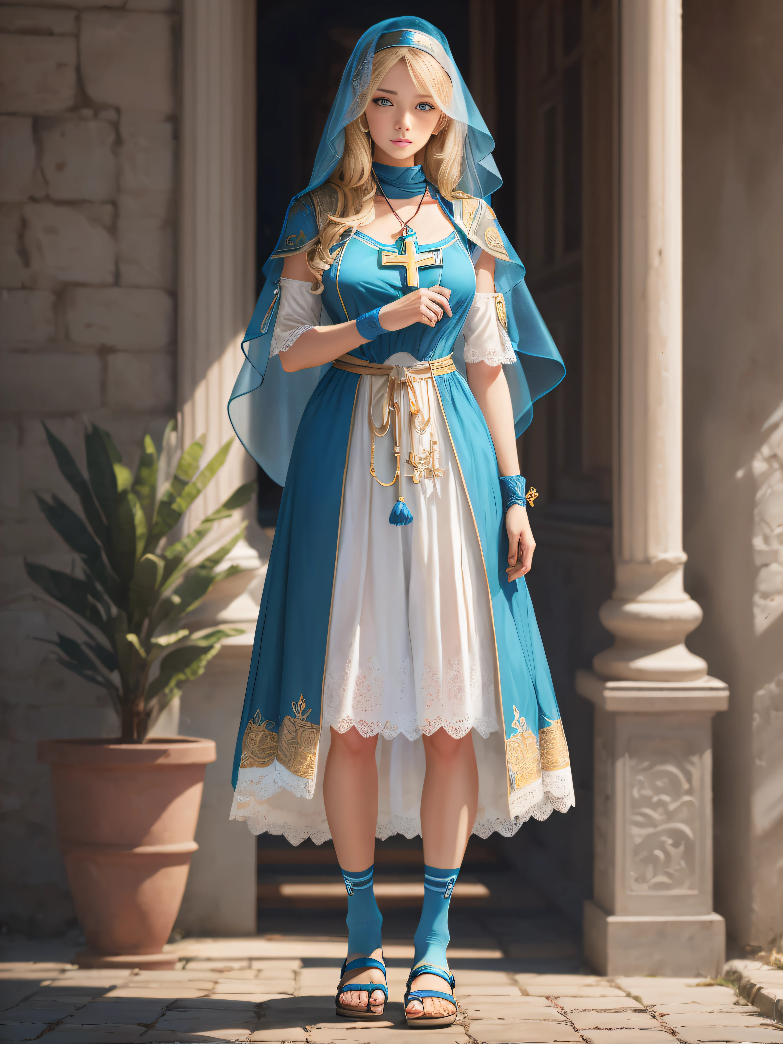 Young woman of medium height with blonde hair and blue eyes[1]. She wears a habit, consisting of a tunic, covered by a scapular, and a veil, sandals, light gloves that go up to the forearm, socks and a brooch with a cross symbol engraved on it. Parts of her clothing are lined with blue lines symbolizing that she is part of a Special Fire Brigade.